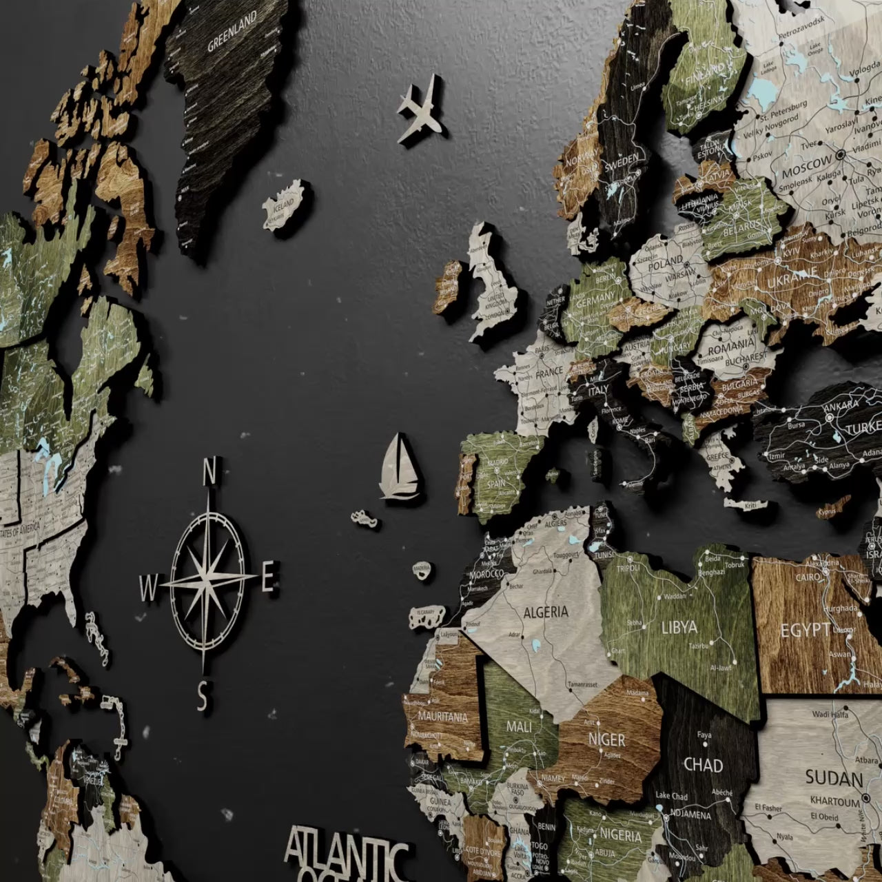 Packaging of the Light Rustic 3D wood world map, showing its protective wrapping and ready-to-gift presentation.