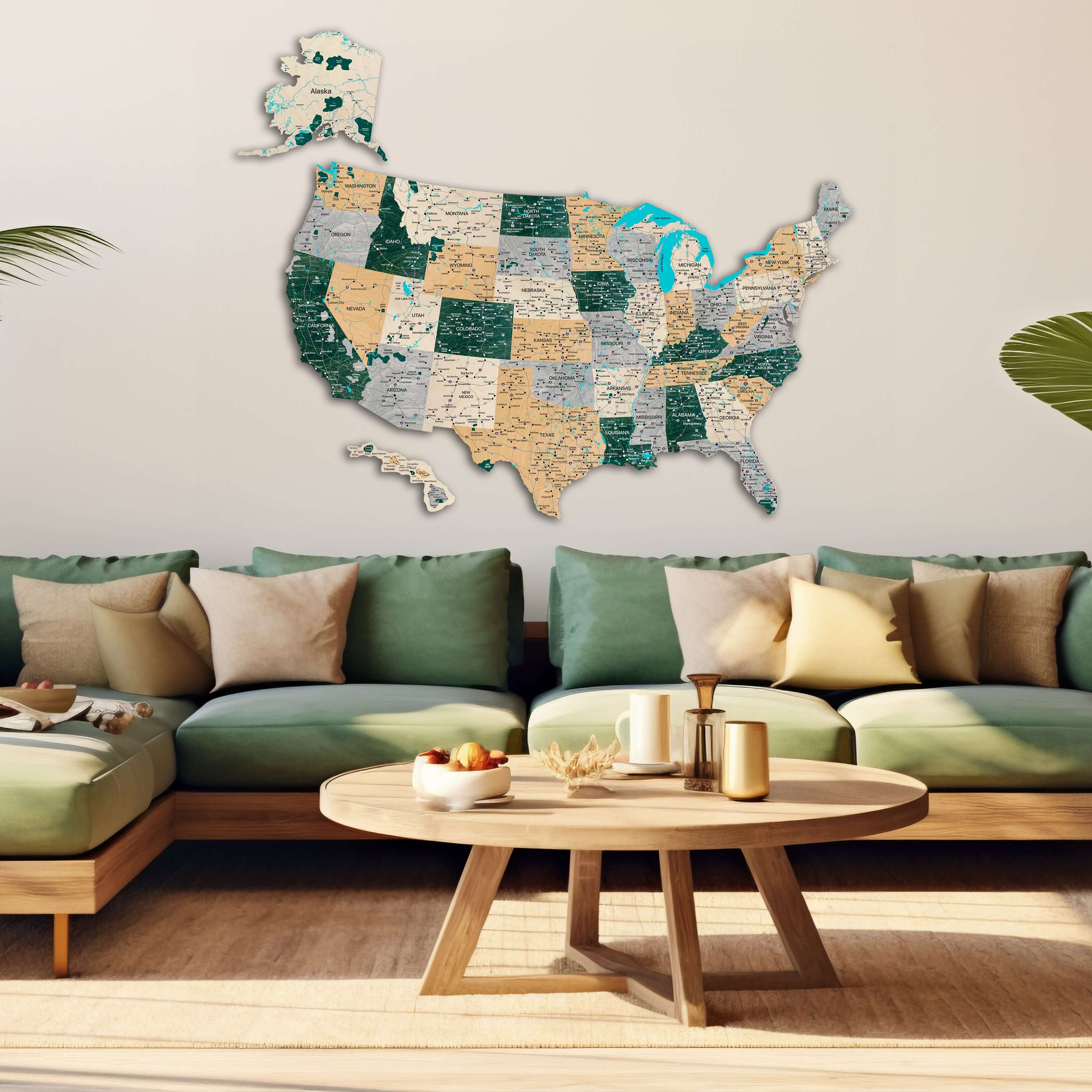 Holzkarte der USA – Boho-Stil mit Nationalparks