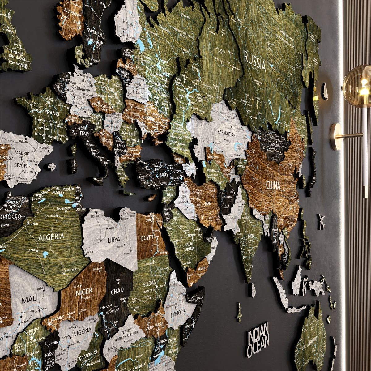 3D Wooden world map featuring detailed countries in earthy colors, perfect for contemporary wall art.