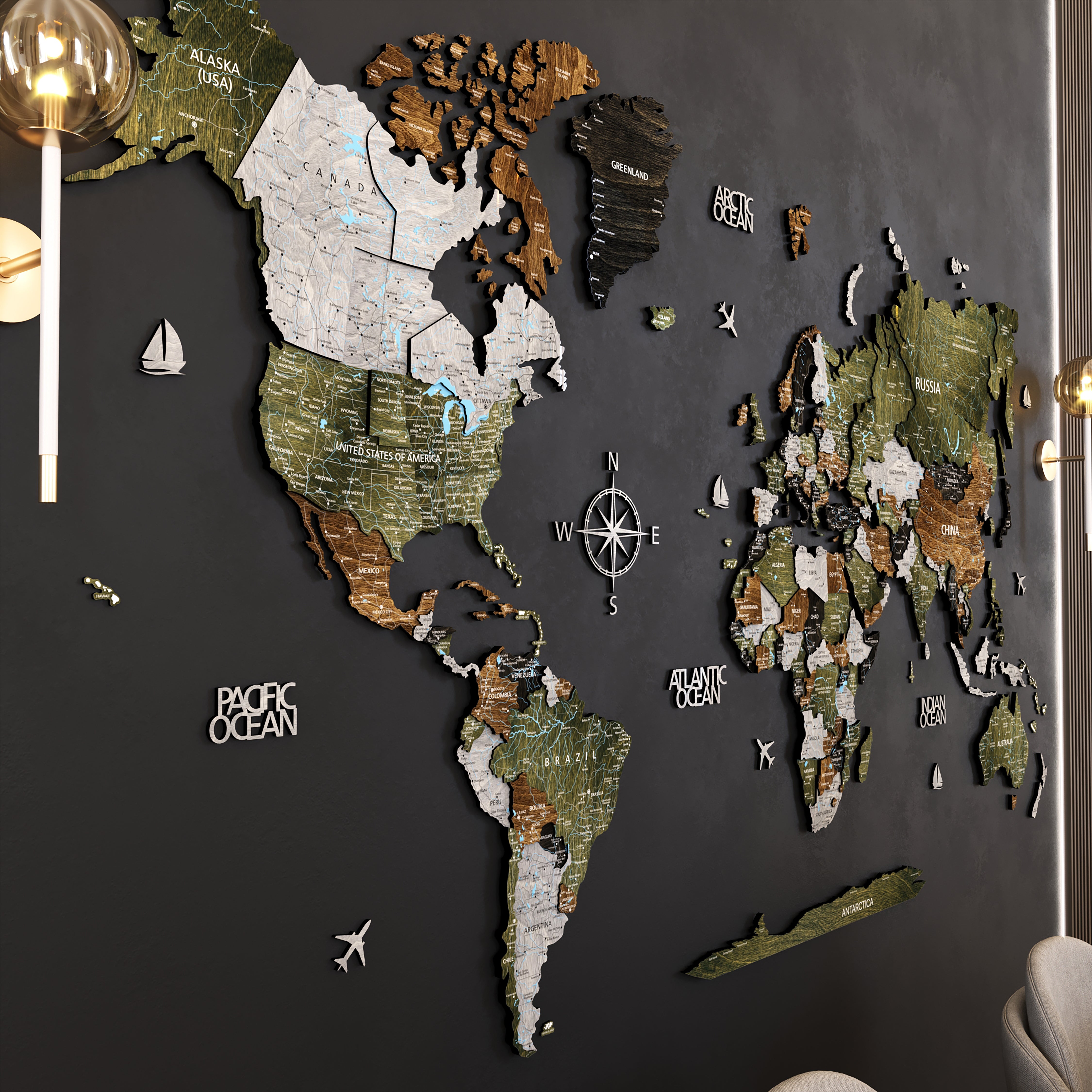 3D Wooden world map wall art featuring a layered design of natural wood colors.