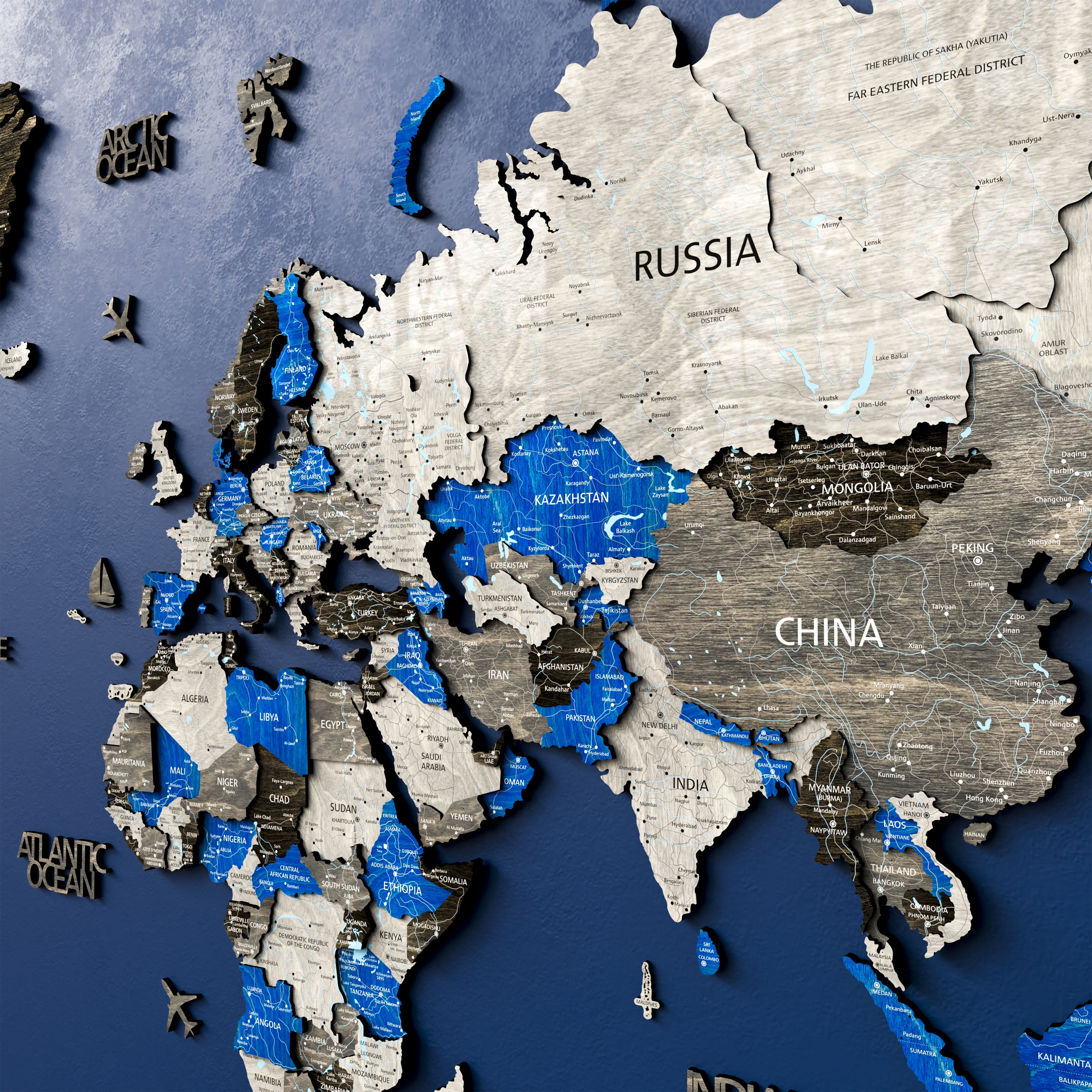 Wood World Map - Azure | Unique Art Decor
