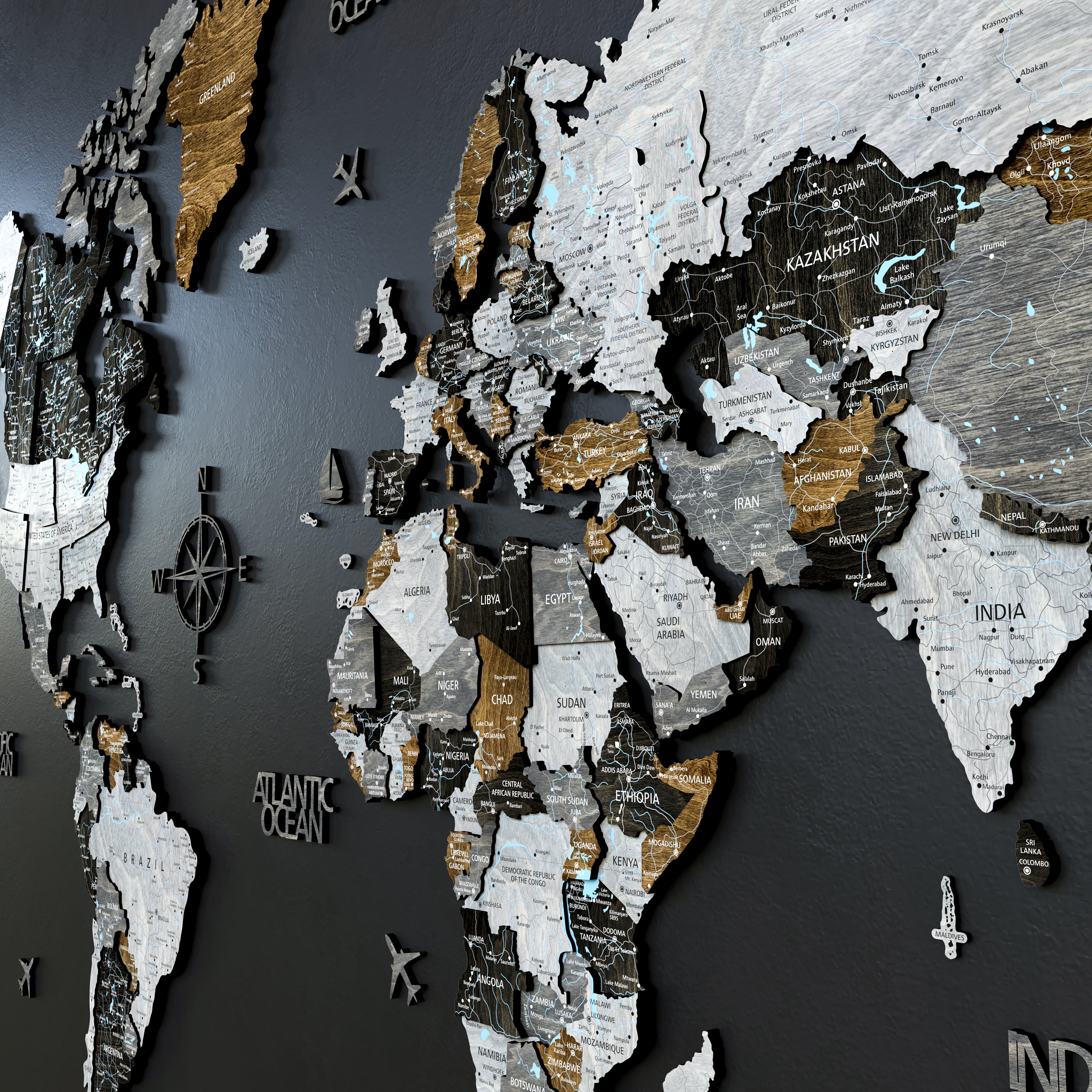 3D Wooden World Map Azure