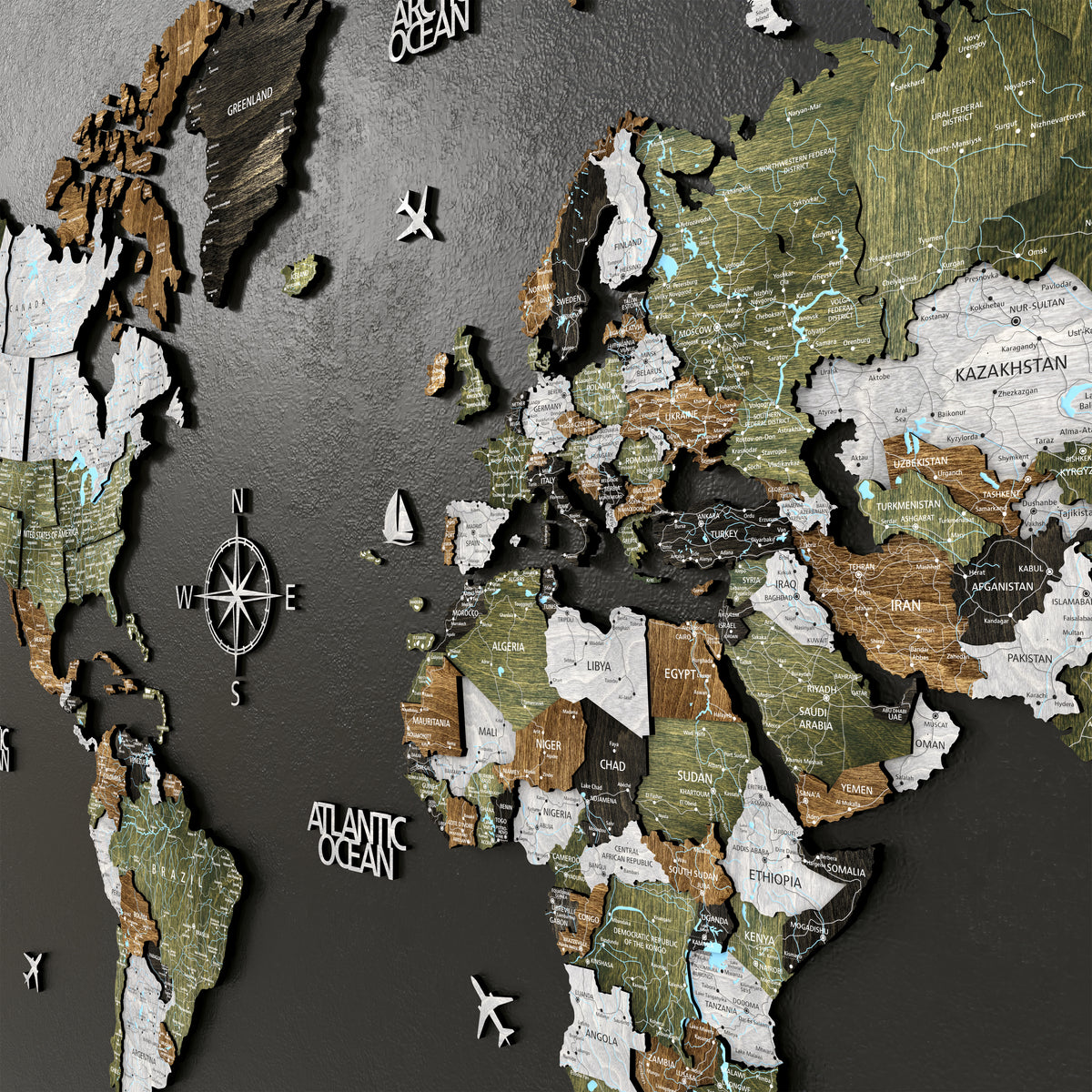 3D Wooden world map in woodland style featuring layered birch plywood with a nature-inspired color palette.