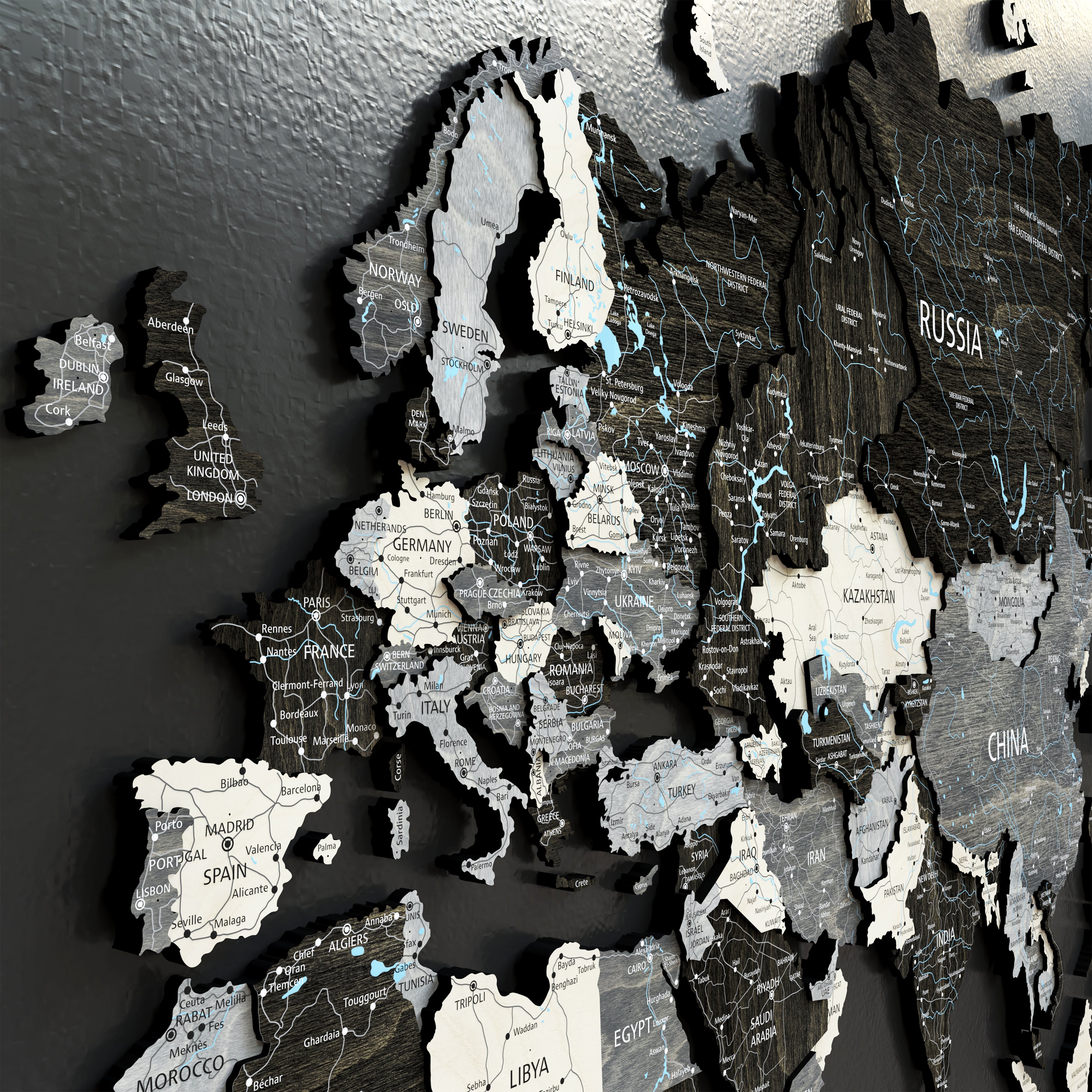 3D wood world map showcasing detailed countries, cities, and rivers in a black loft style.