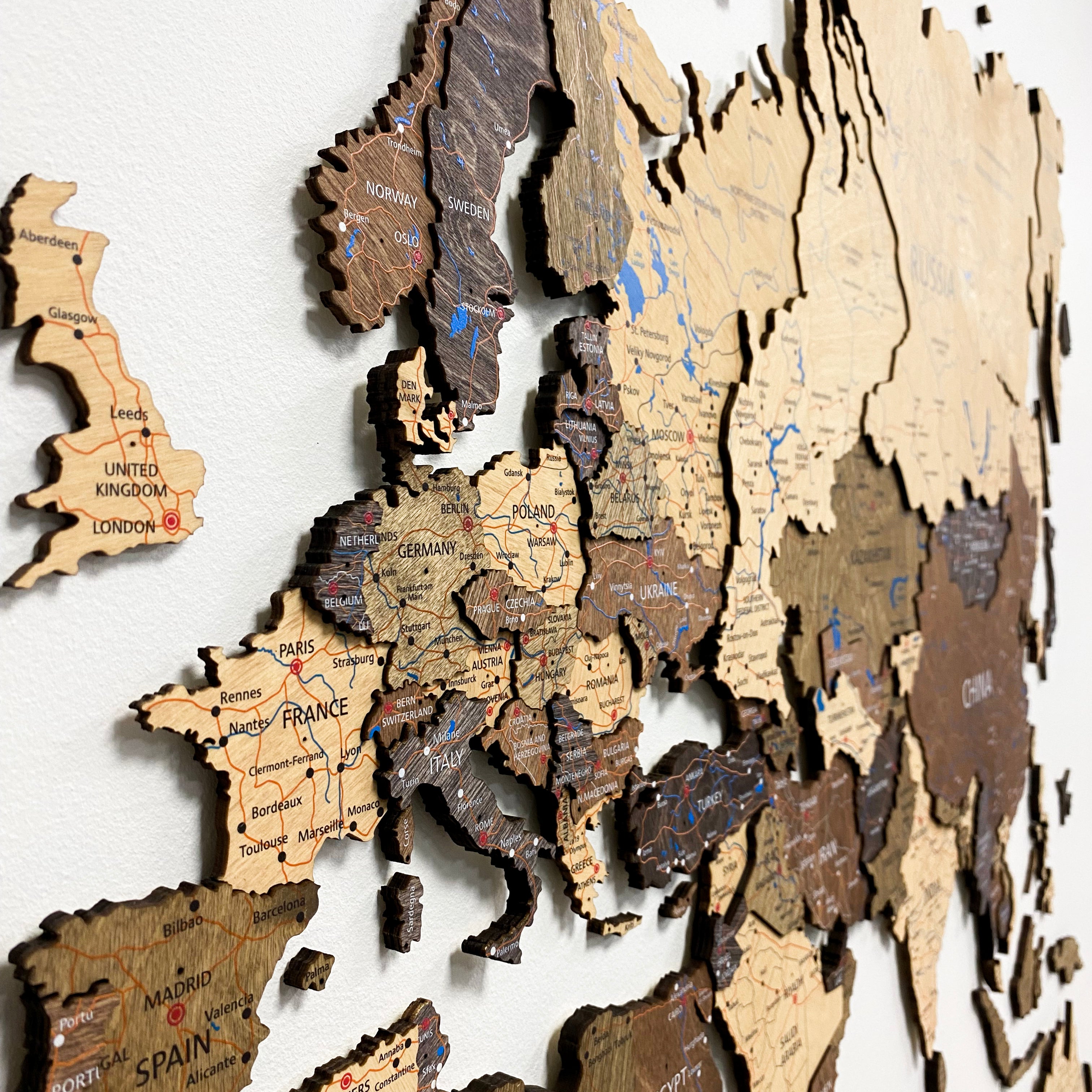 Wood world map for wall decor