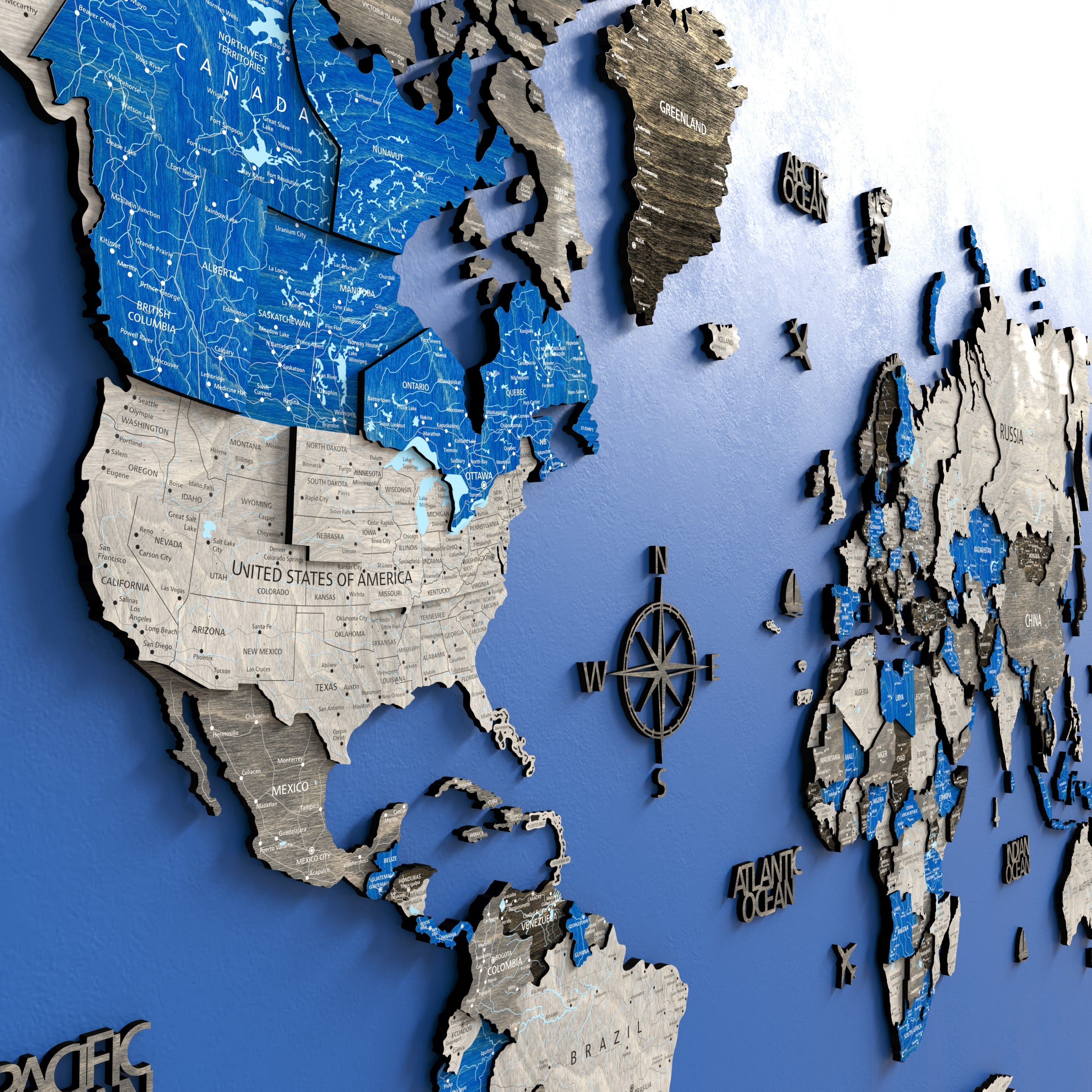 Wood World Map - Azure | Unique Art Decor