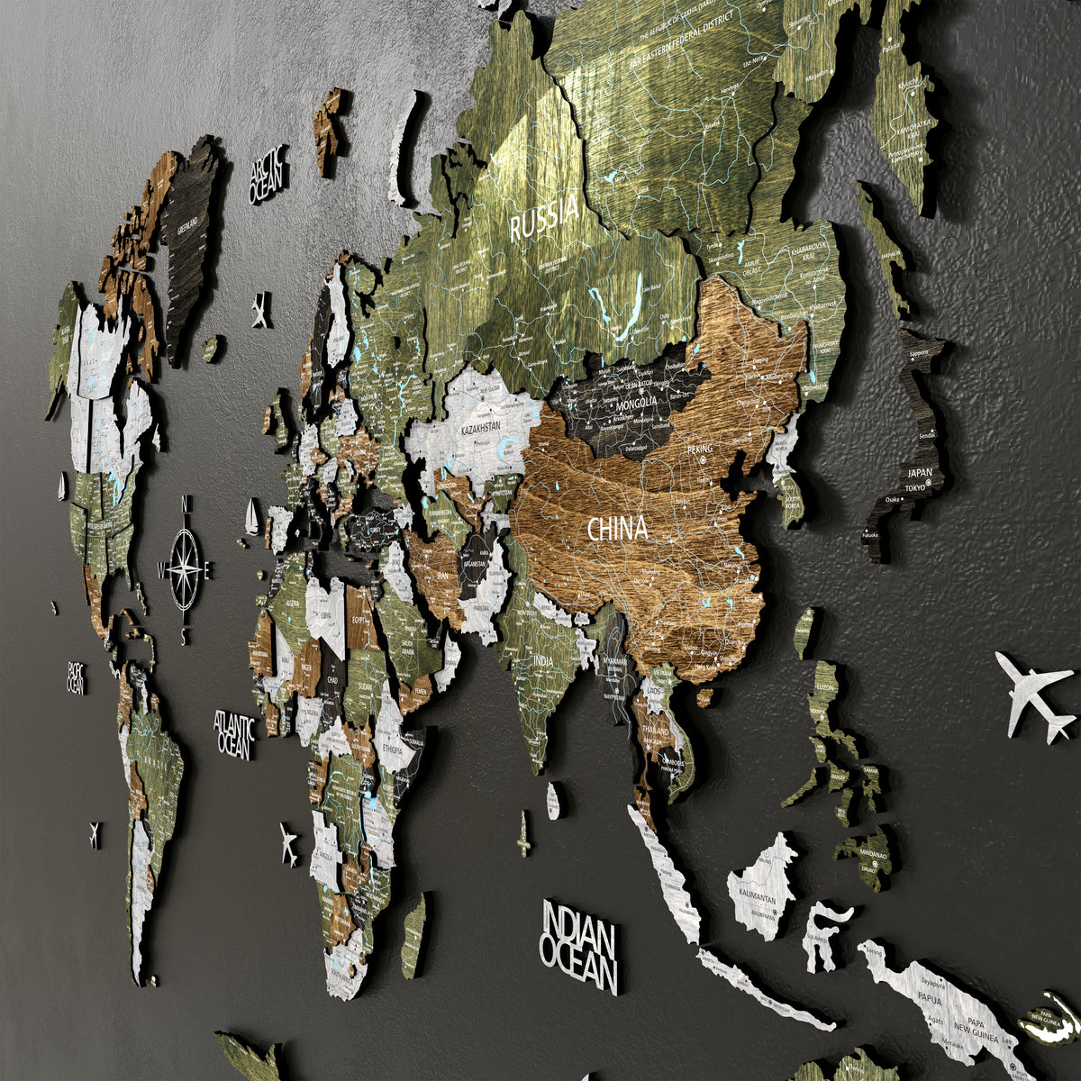 3D Wooden world map featuring multilayer design with nature-inspired colors for modern wall art decoration.