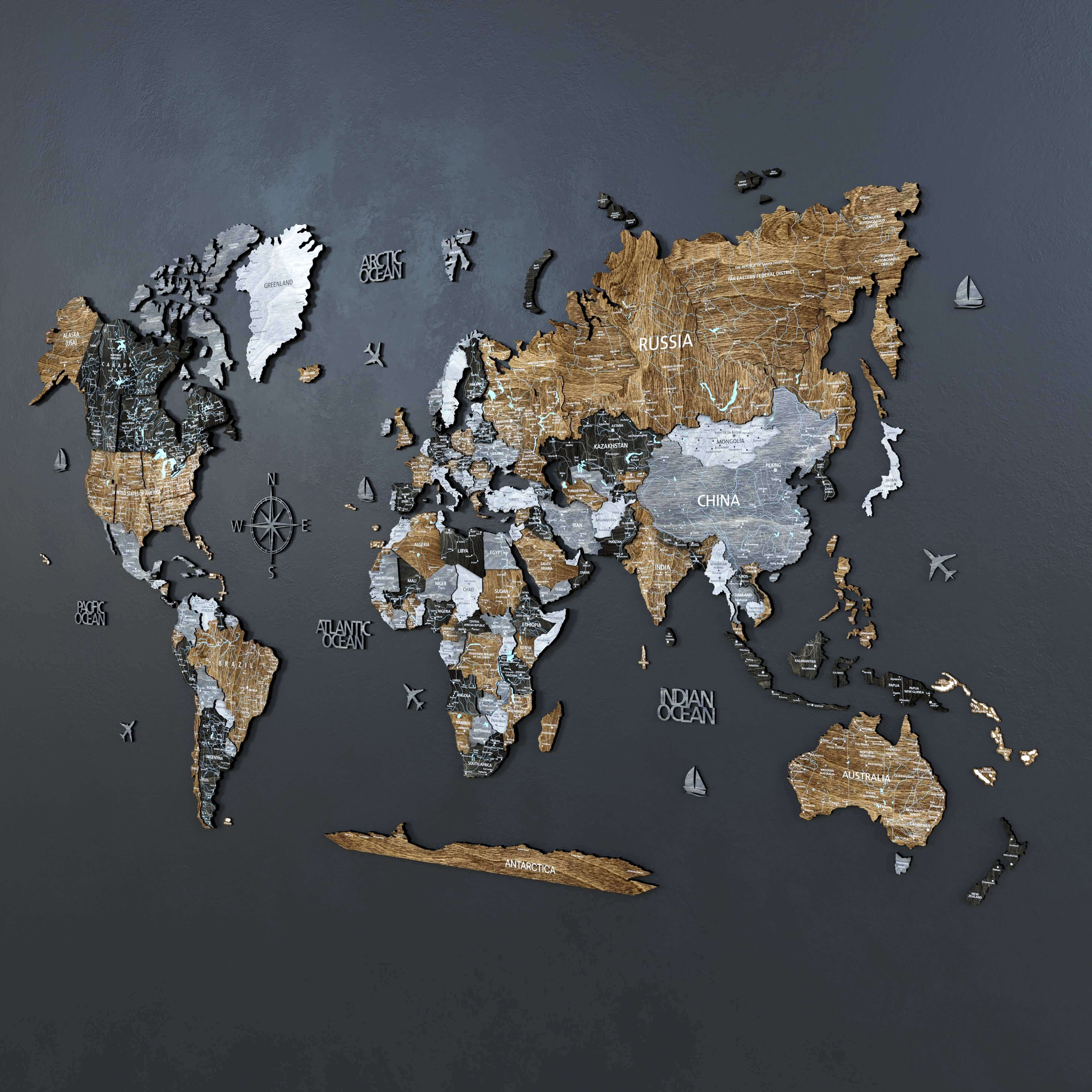 3D Wood World Map オークカラー 壁掛け木製世界地図【翌日出荷