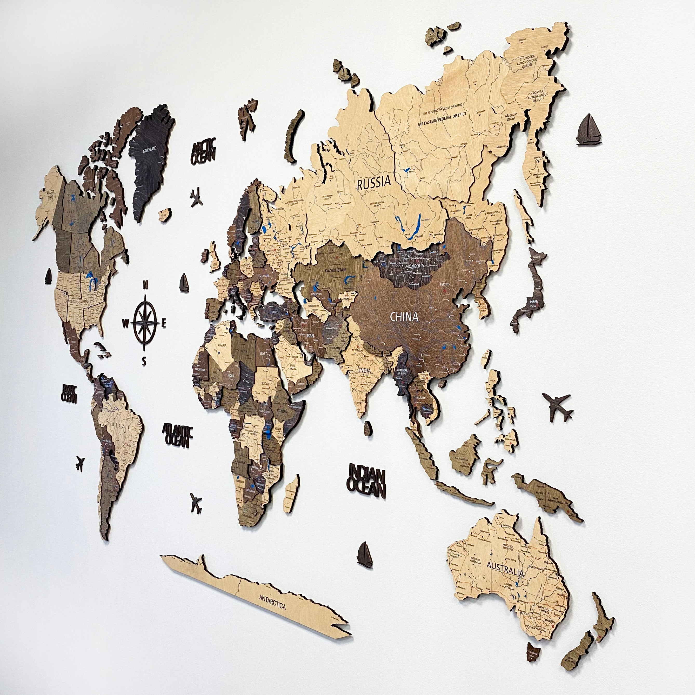 Wood World Map - Dark Walnut