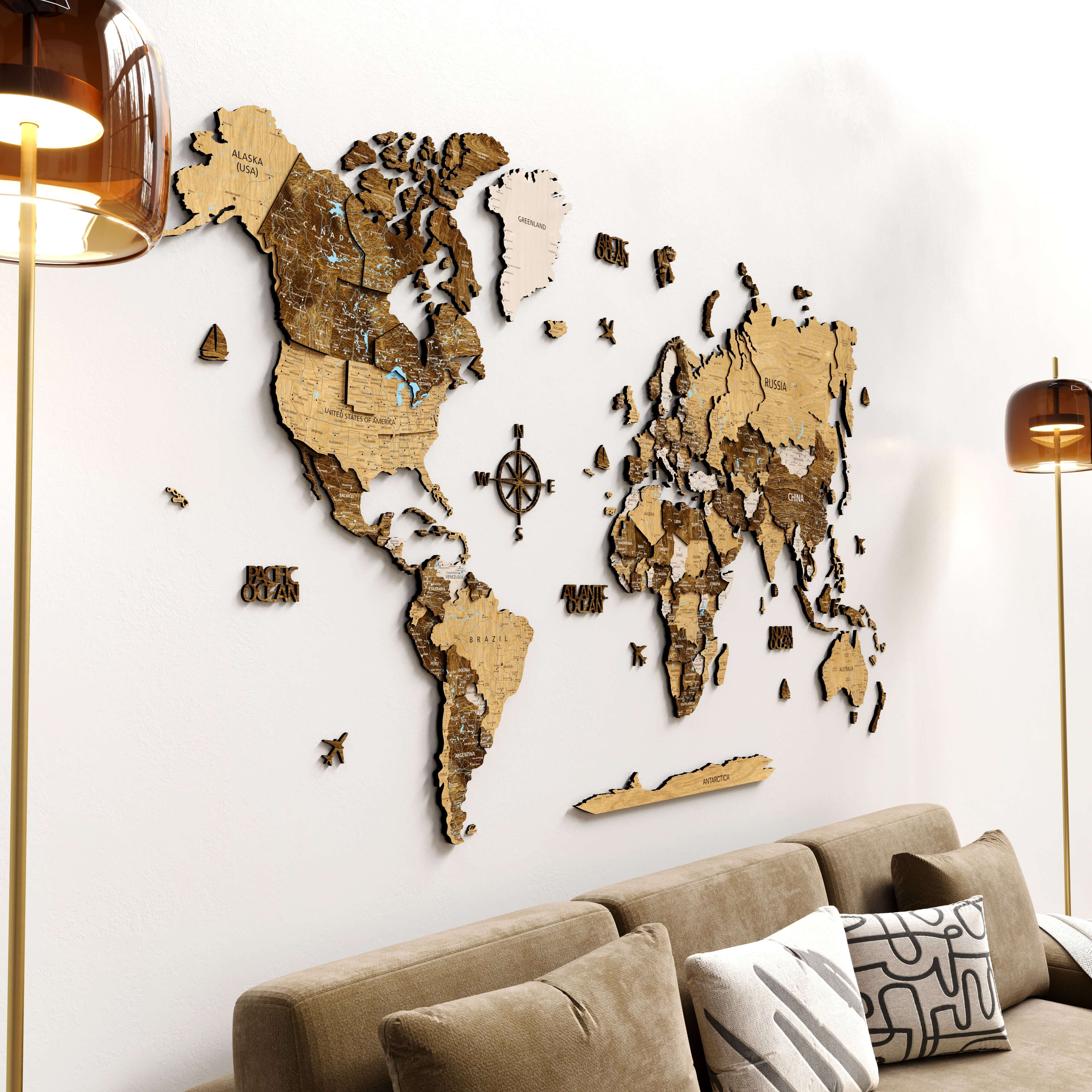 3D Wood world map wall decor displayed in a modern living room with decorative lighting and a cozy couch.