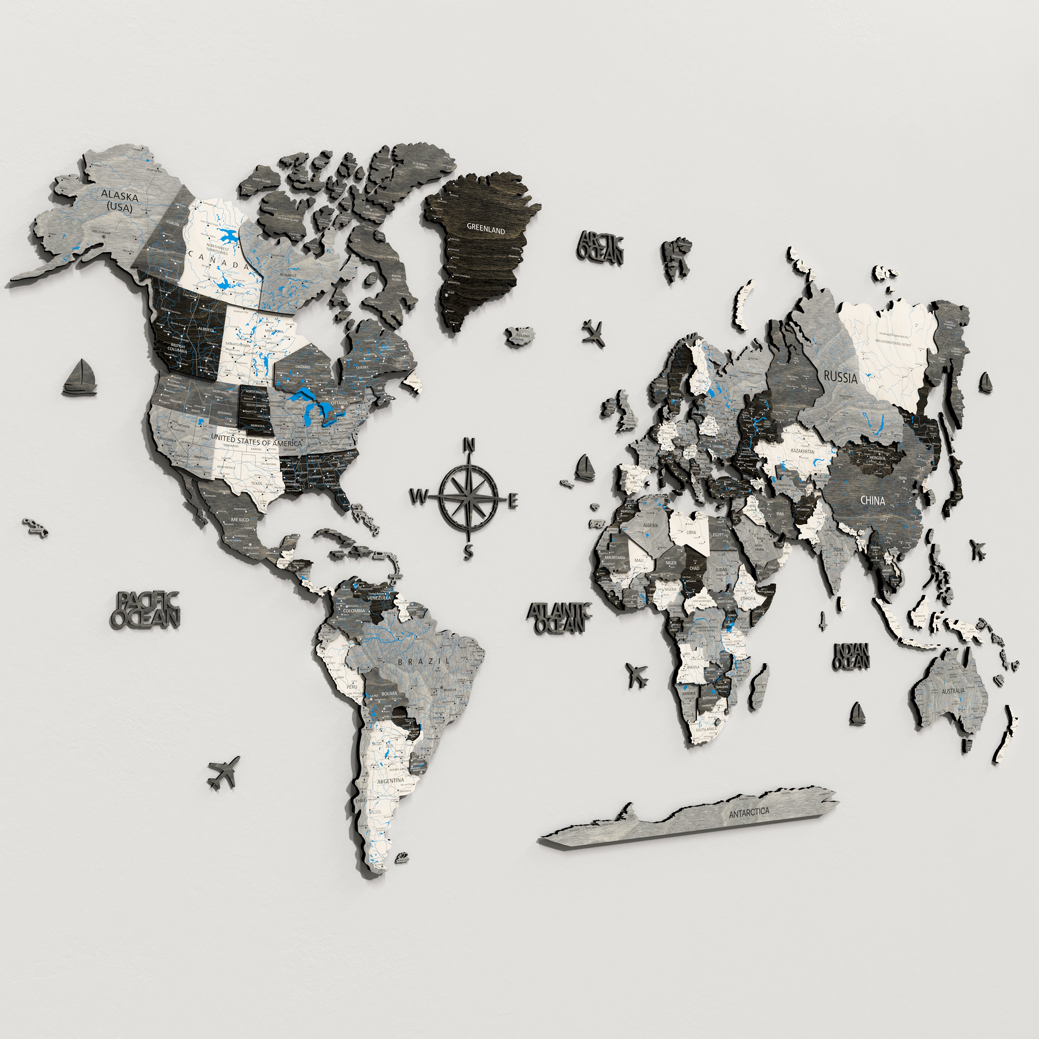 Wood World Map - Monochrome