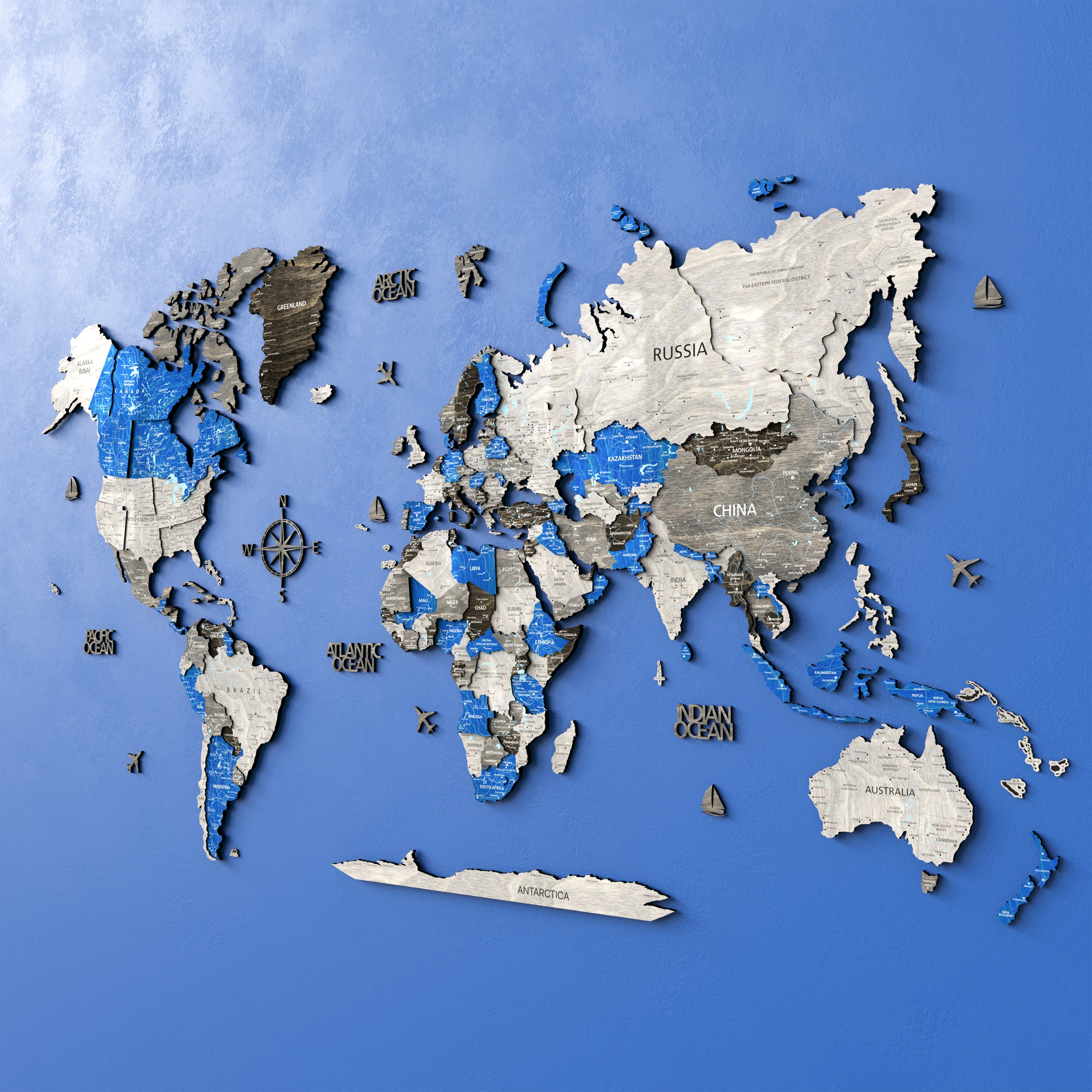 Wood World Map - Azure | Unique Art Decor