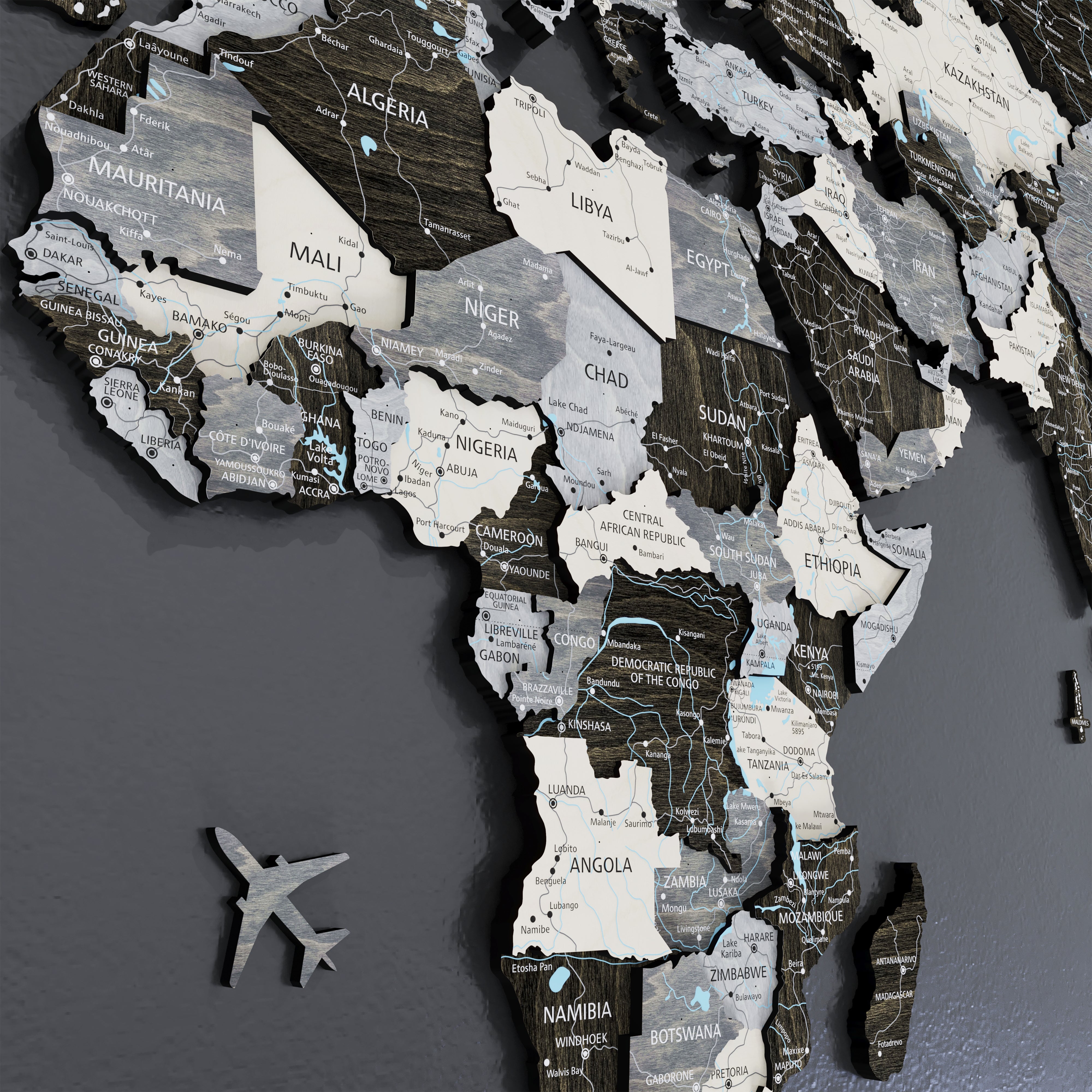 3D wood world map featuring detailed country outlines and cities across Africa, showcasing a black loft style.