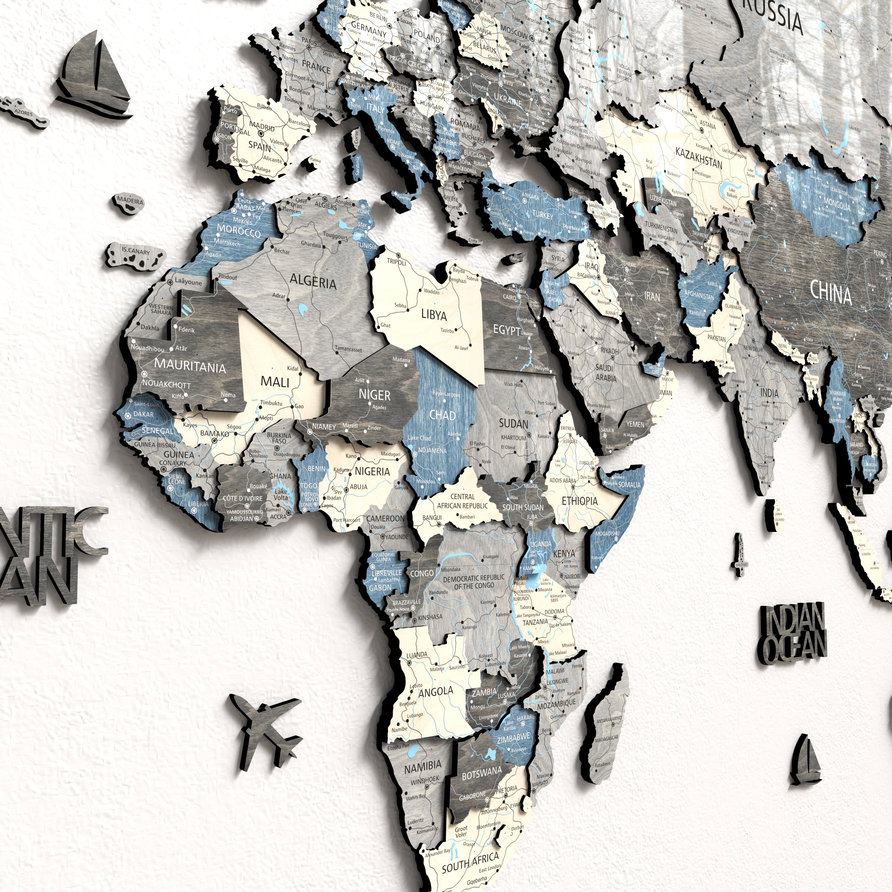 3D wooden world map depicting detailed geographic features of Africa, showcasing intricate layers and natural wood finish.