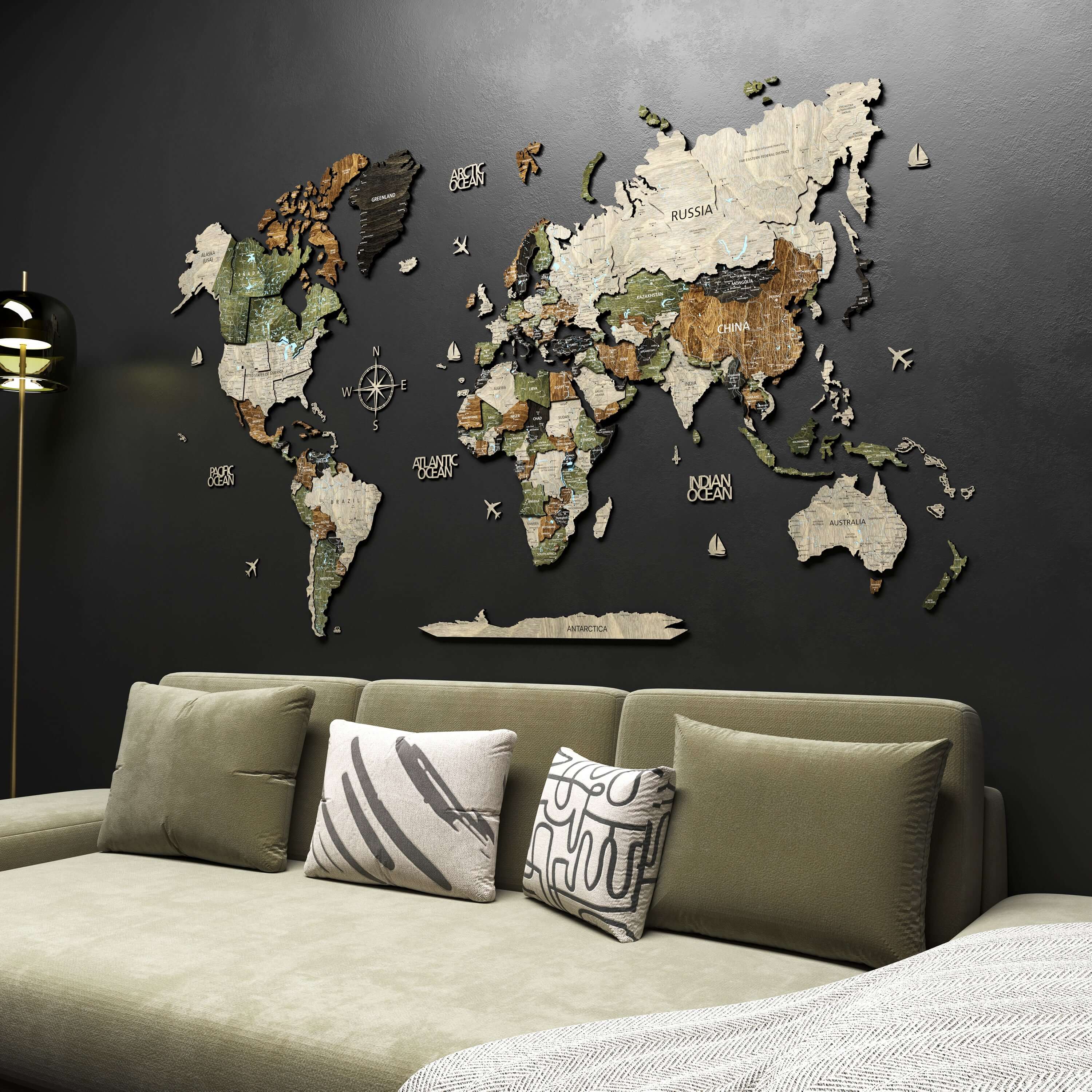 Light Rustic 3D wood world map with push pins marking various travel destinations.