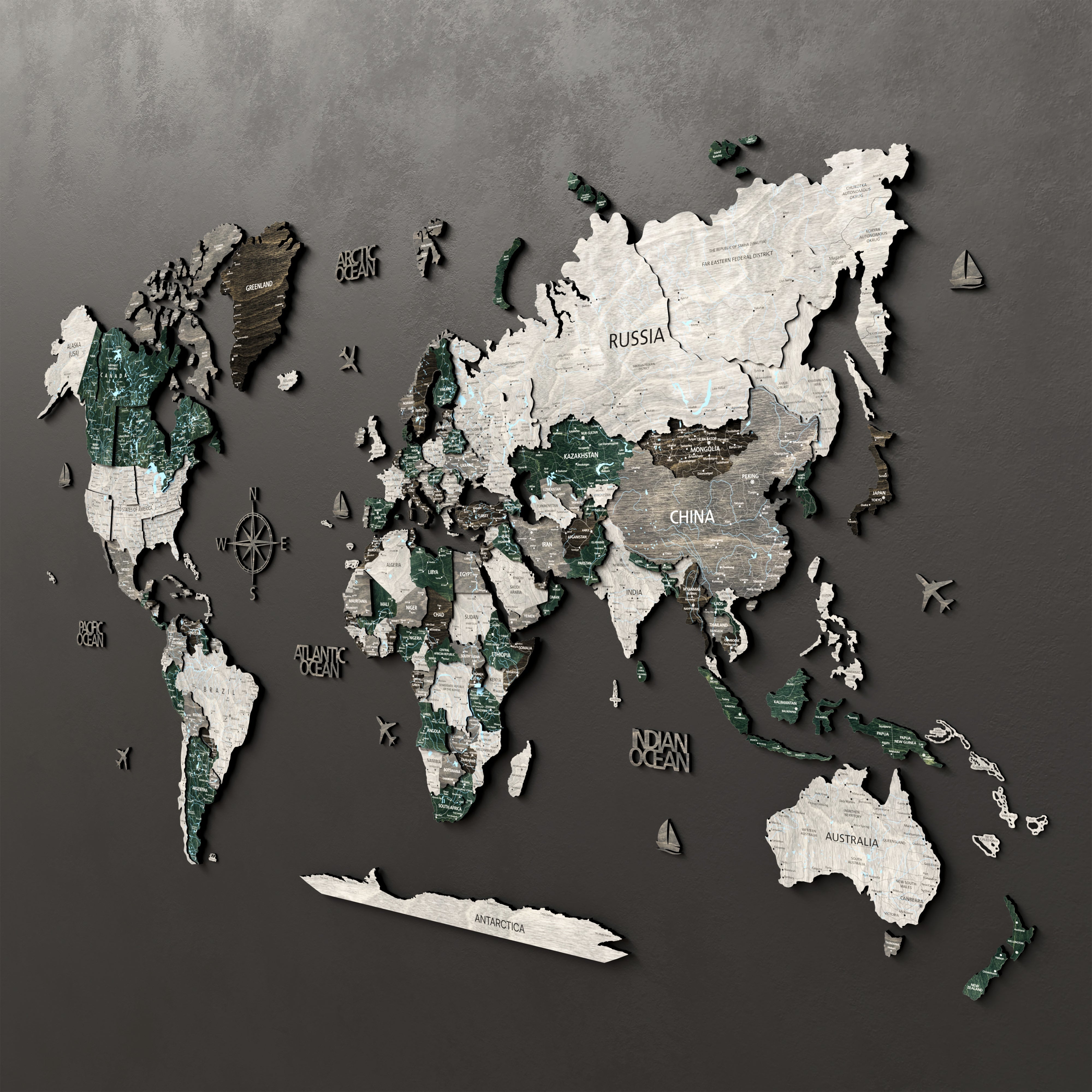 Wood World Map Evergreens - Unique Home Decor