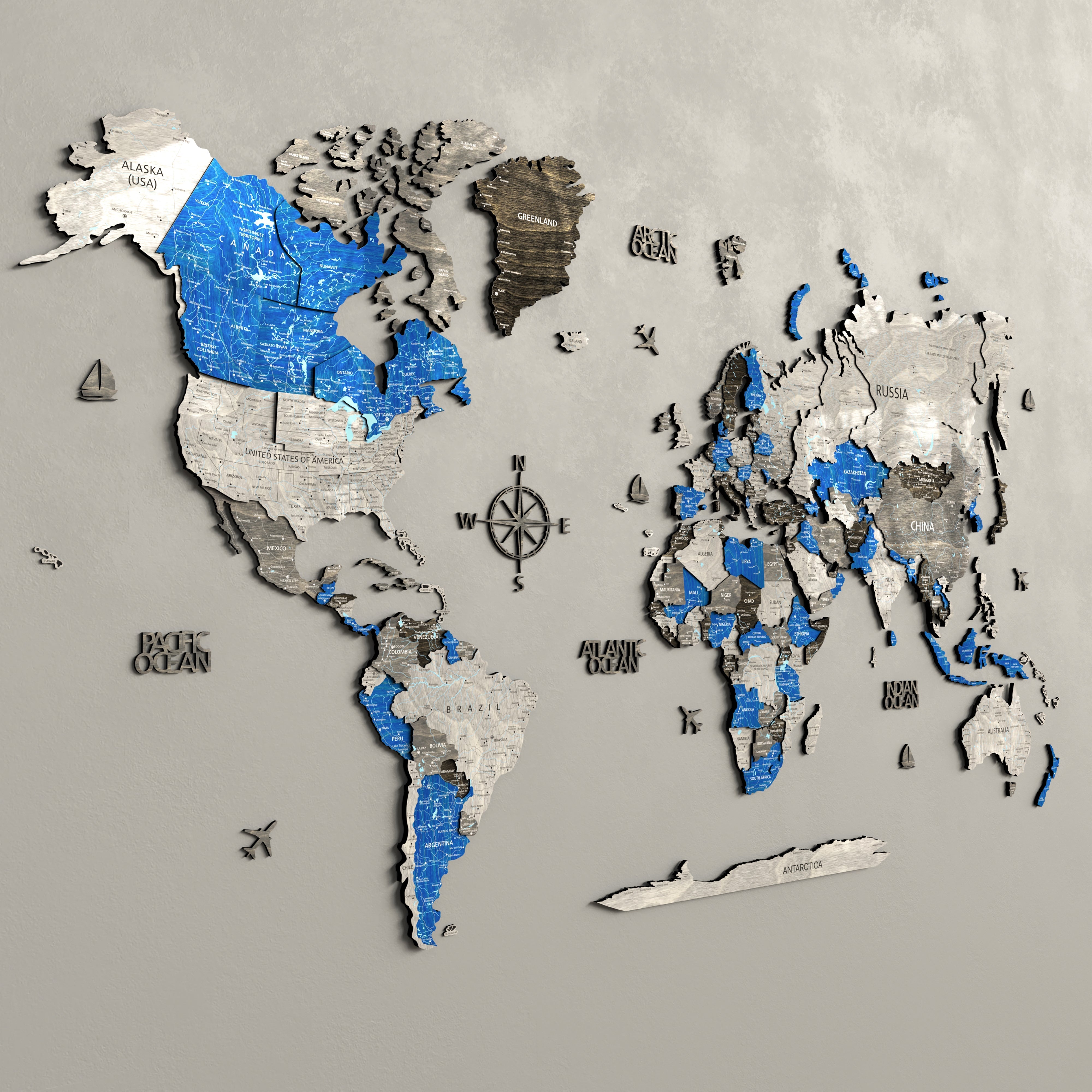 Wood World Map - Azure | Unique Art Decor