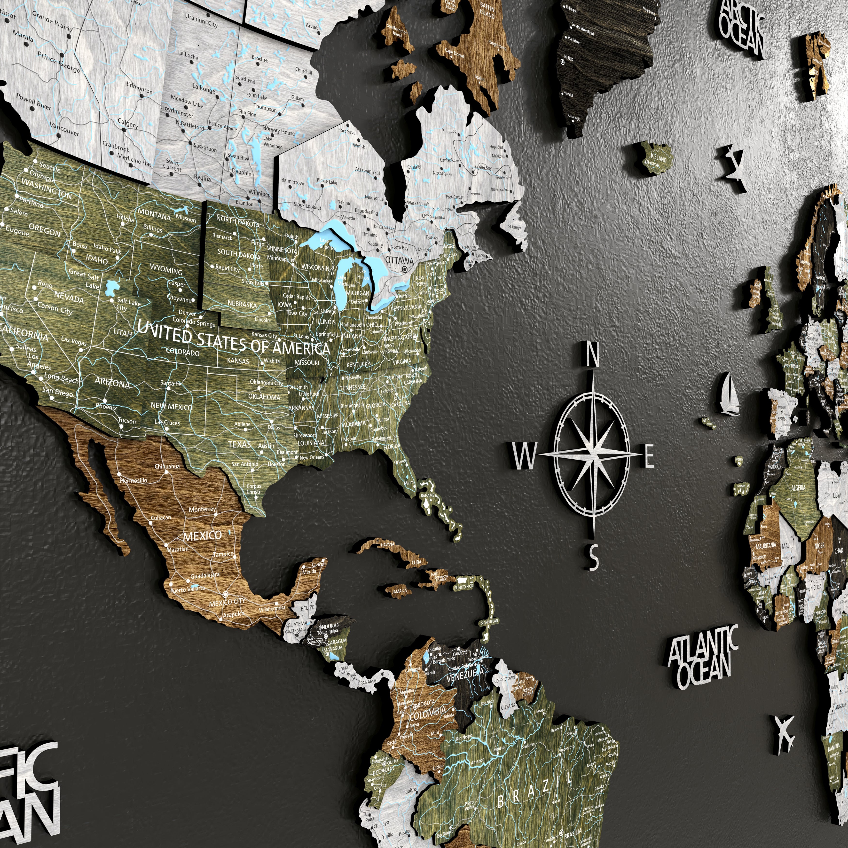 3D Wooden world map featuring detailed countries and compass on a dark wall.