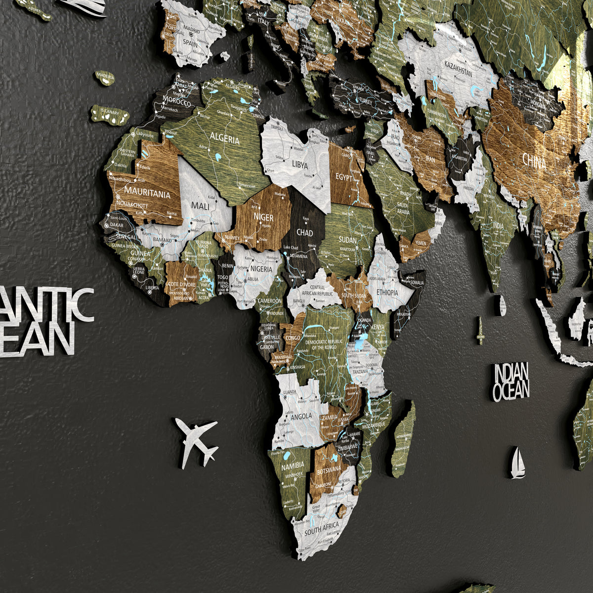 3D Wooden world map wall art in earthy colors showcasing Africa and surrounding oceans.