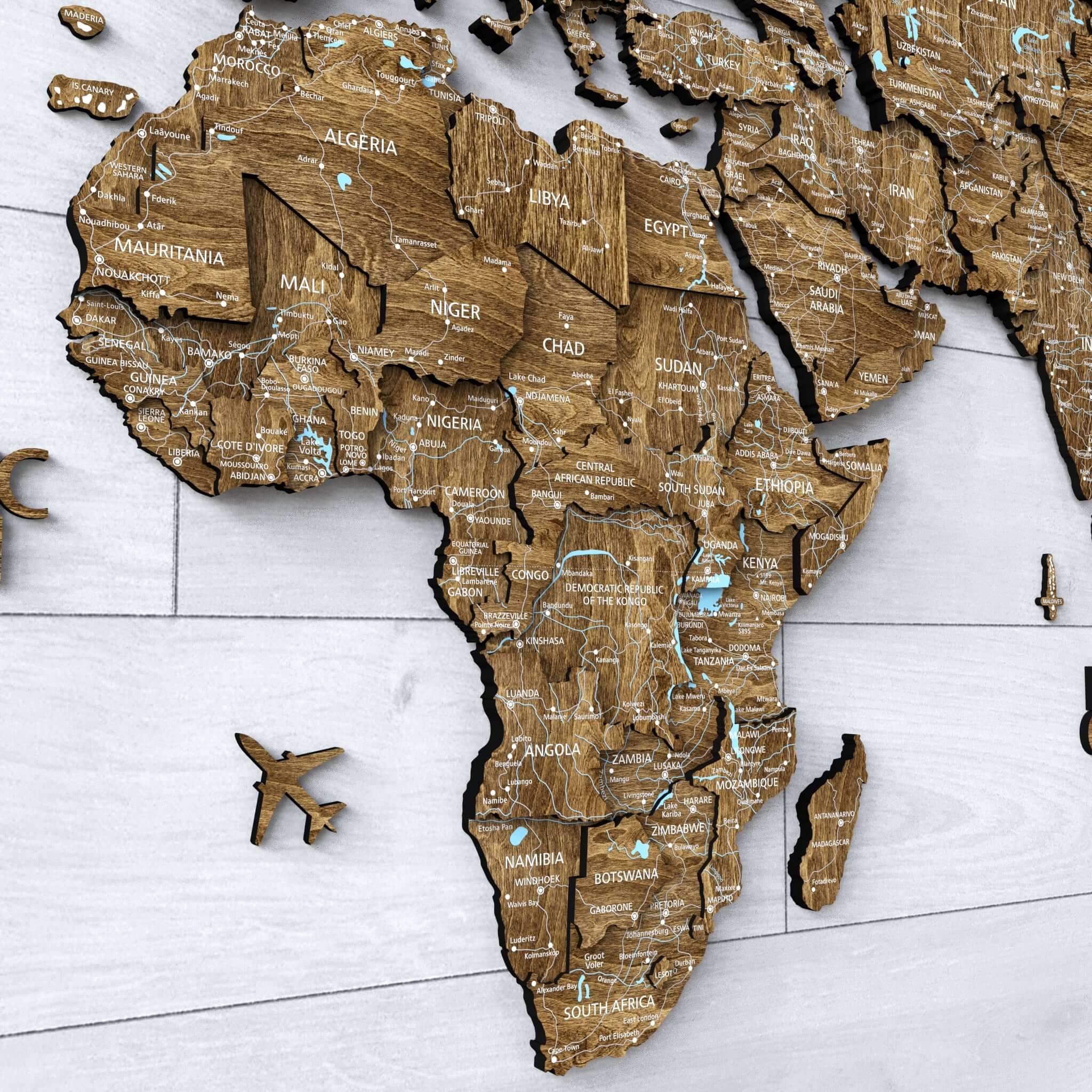 Wood World Map - Dark Brown 3d wood world map