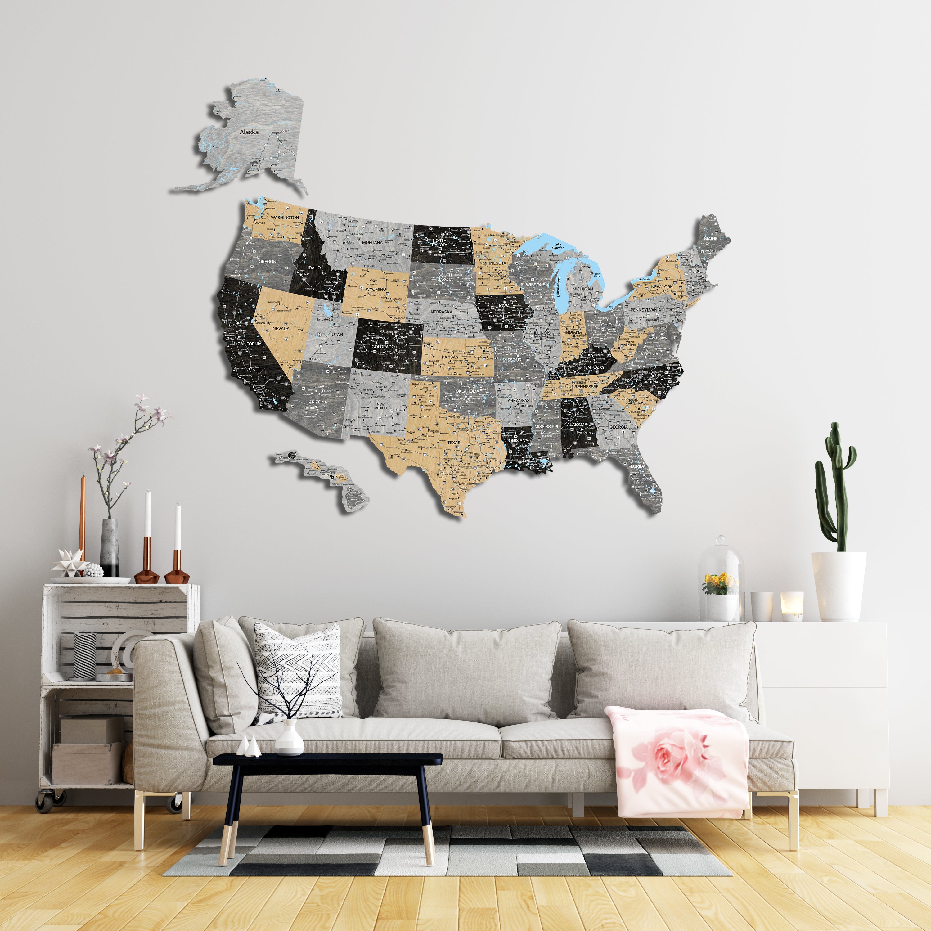 a living room with a couch and a map of the united states