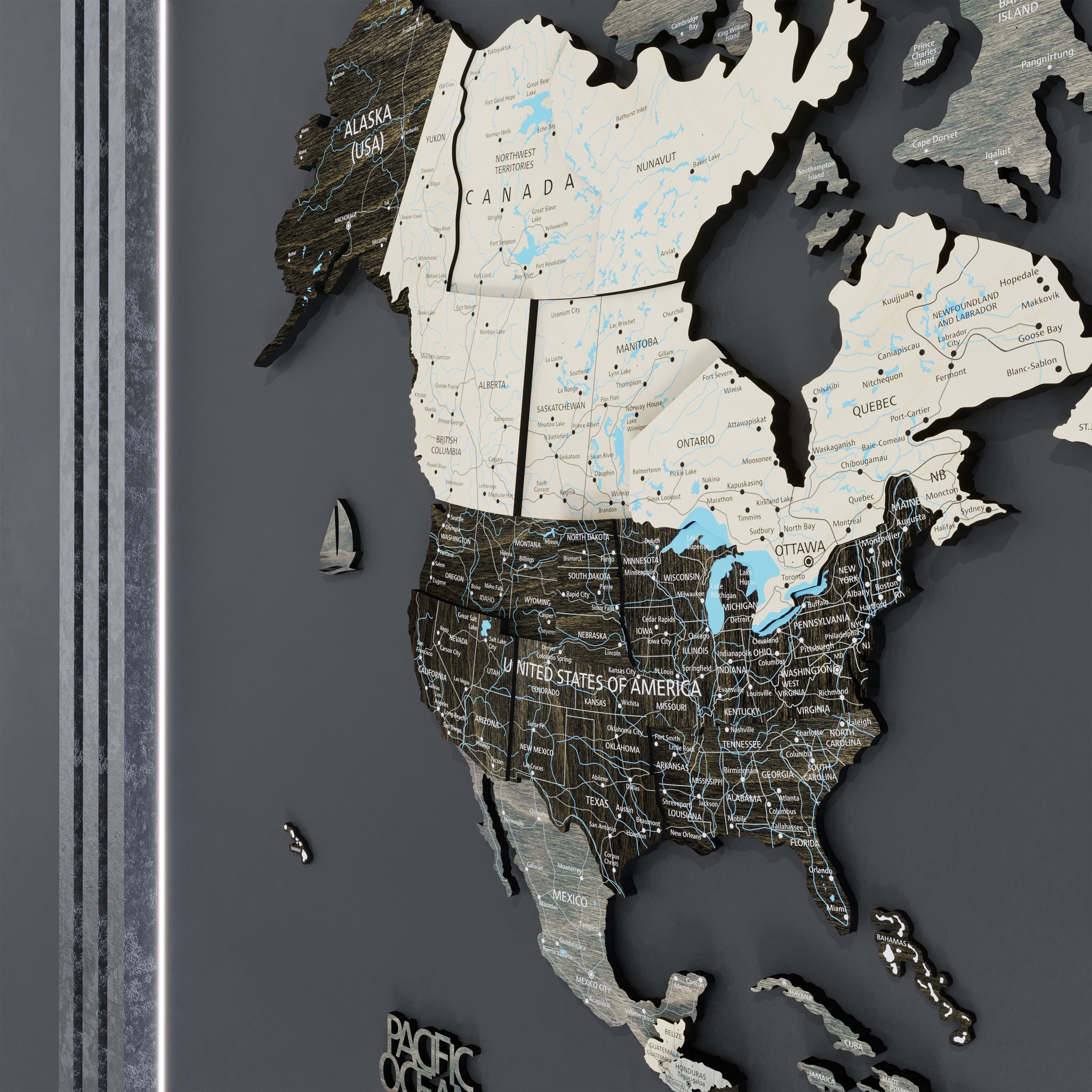 3D wood world map featuring North America, detailed engraving of states, cities, and waterways in a stylish design.