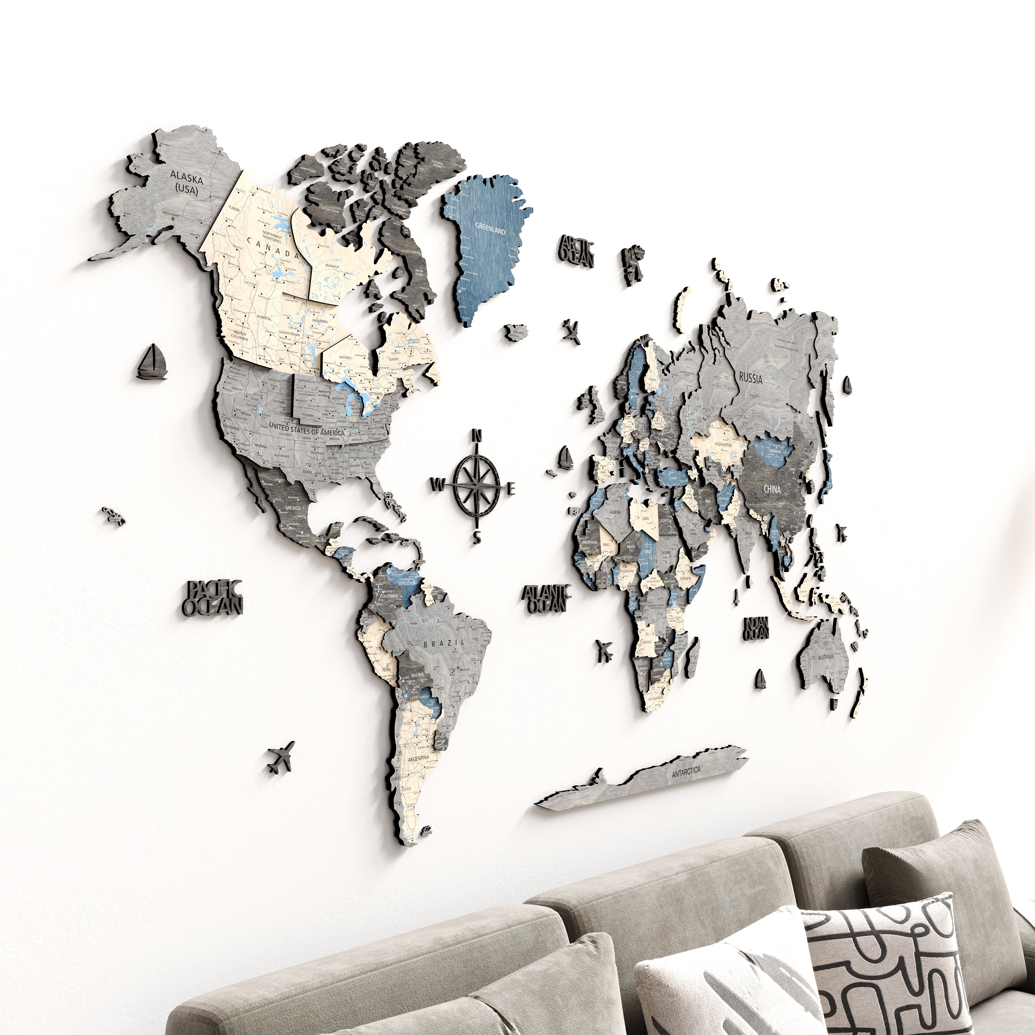 3D wooden world map displayed on a wall, showcasing intricate geographical details and elegant colors.