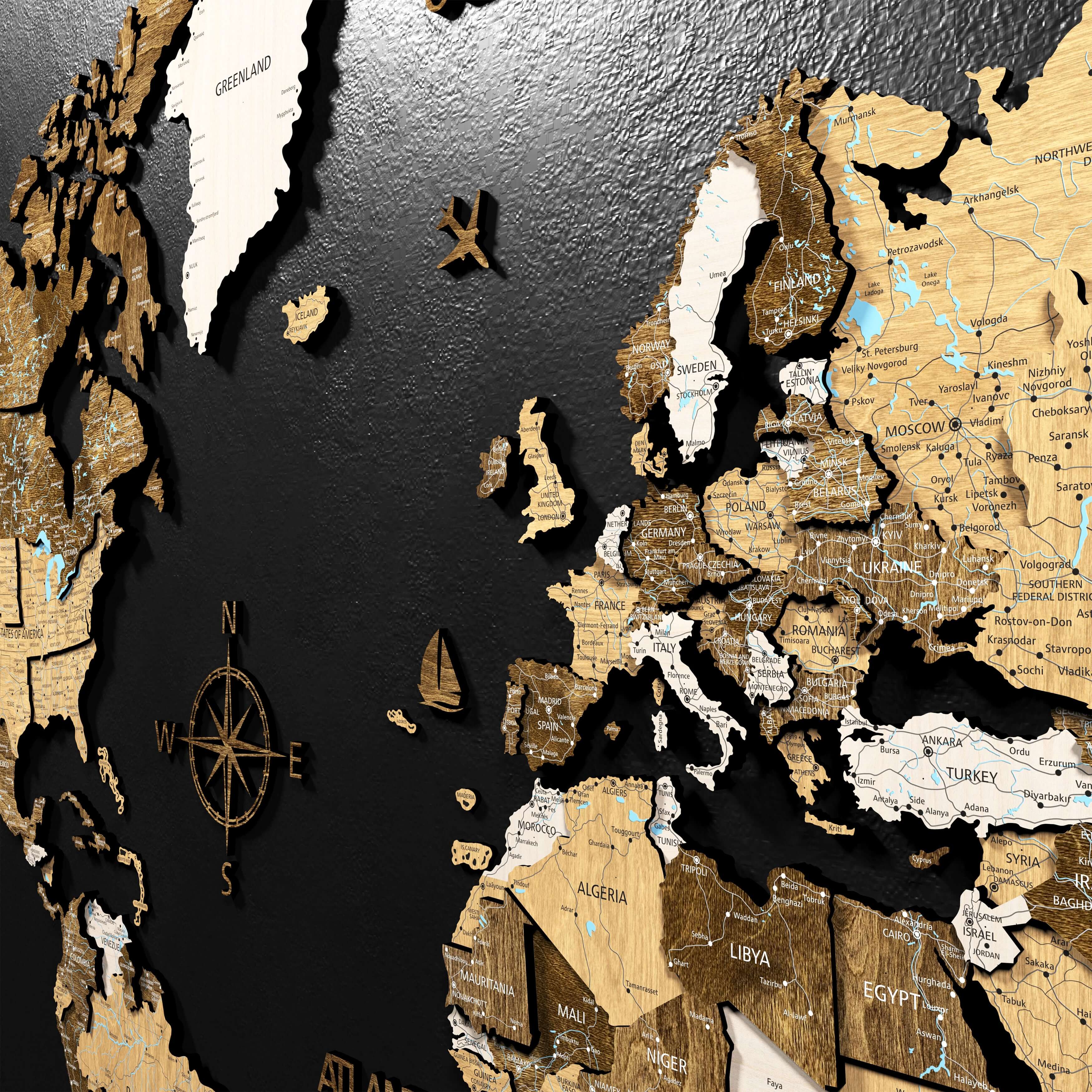 3D Wood world map wall decor showcasing detailed regions and countries in a stylish oak wood design.