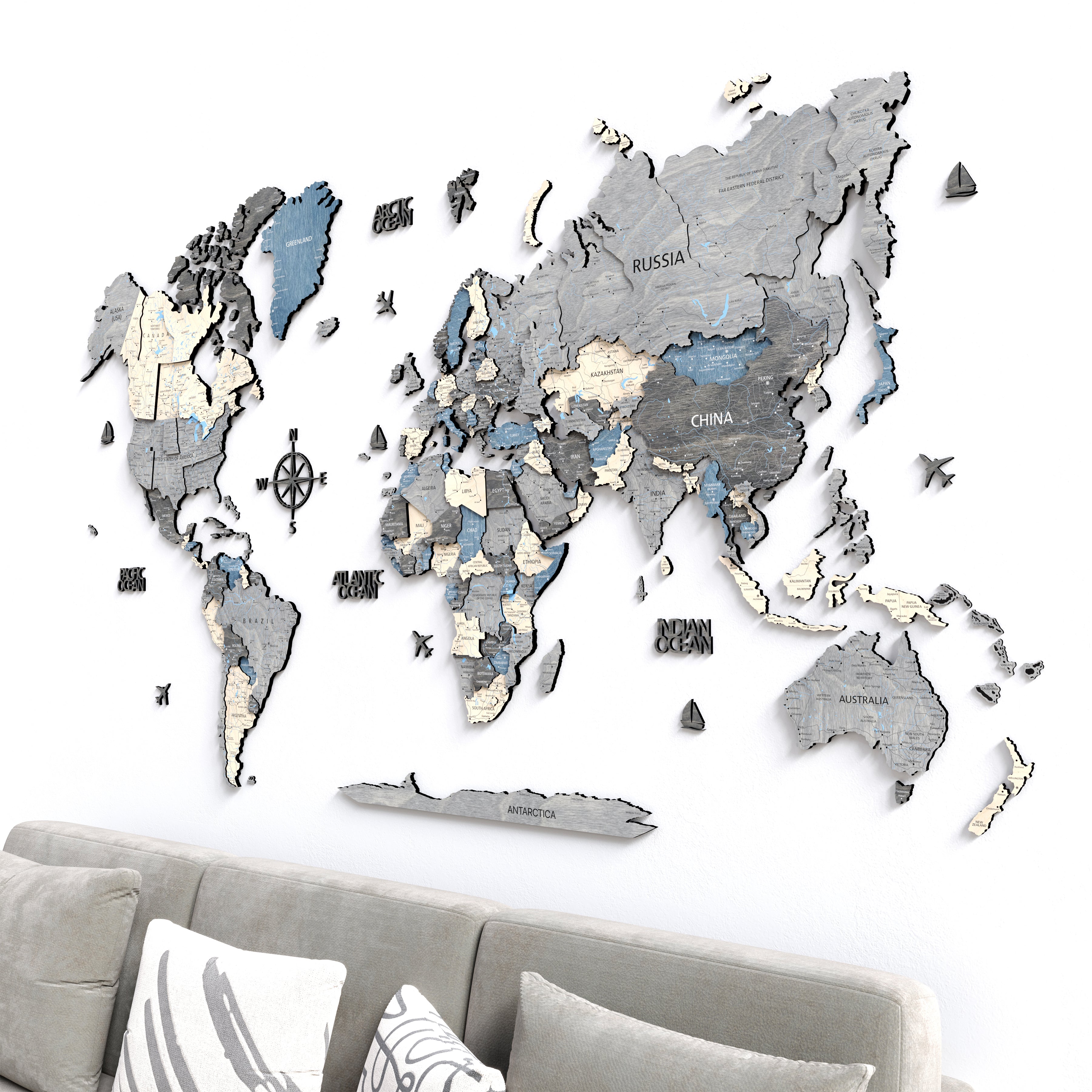 3D wooden world map wall decor featuring Nordic-inspired design, crafted from premium plywood and finished with natural wood oil.