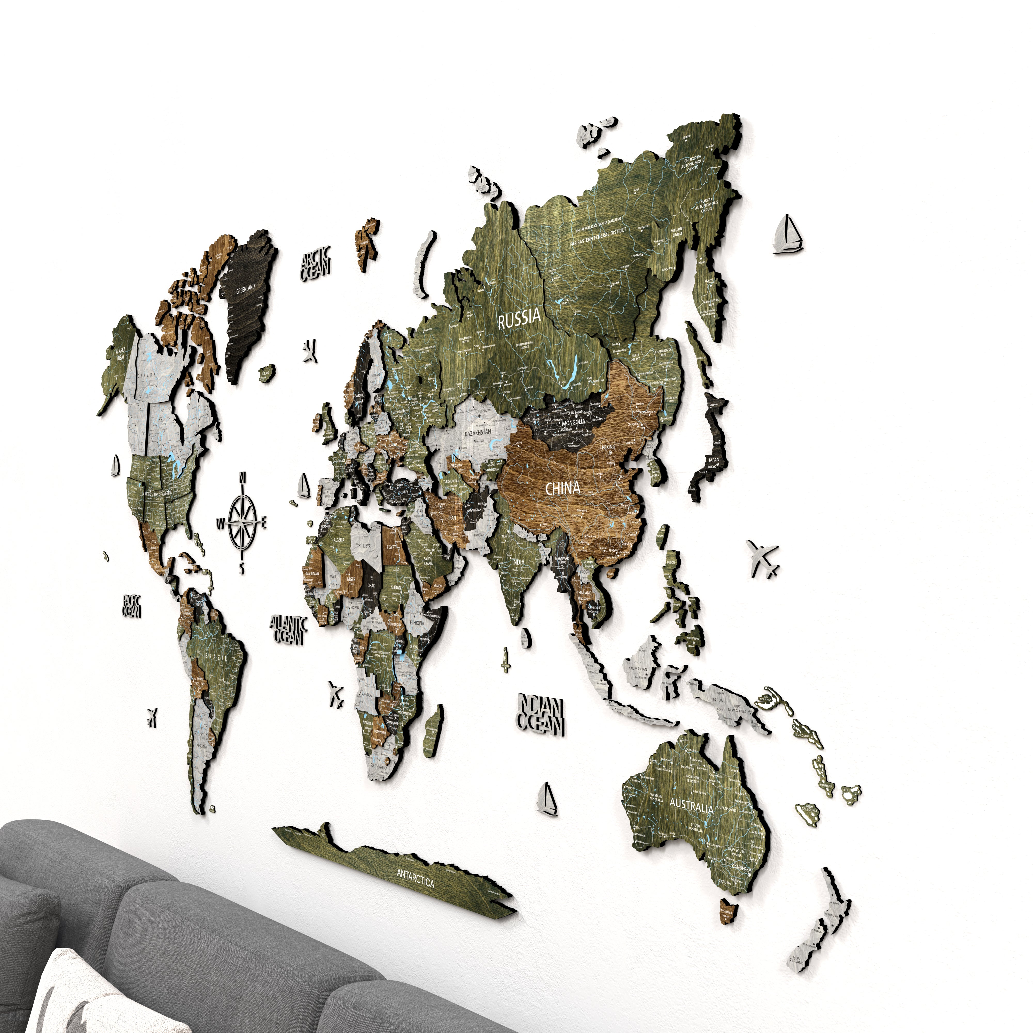 3D Wooden world map wall art made of multilayer birch plywood in earthy tones, perfect for contemporary interiors.