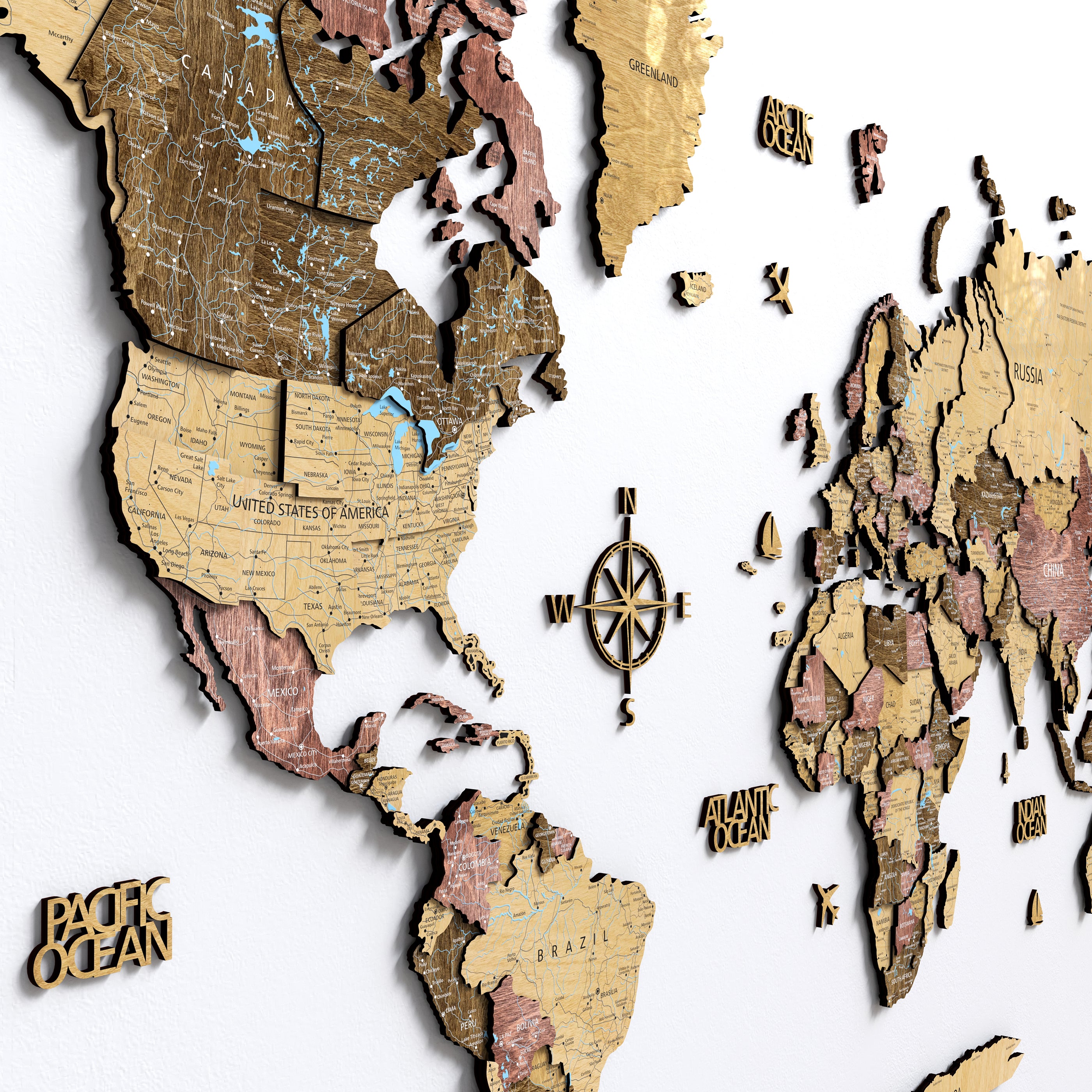 3D Wood world map wall decor featuring detailed continents and oceans in a unique cherry design.