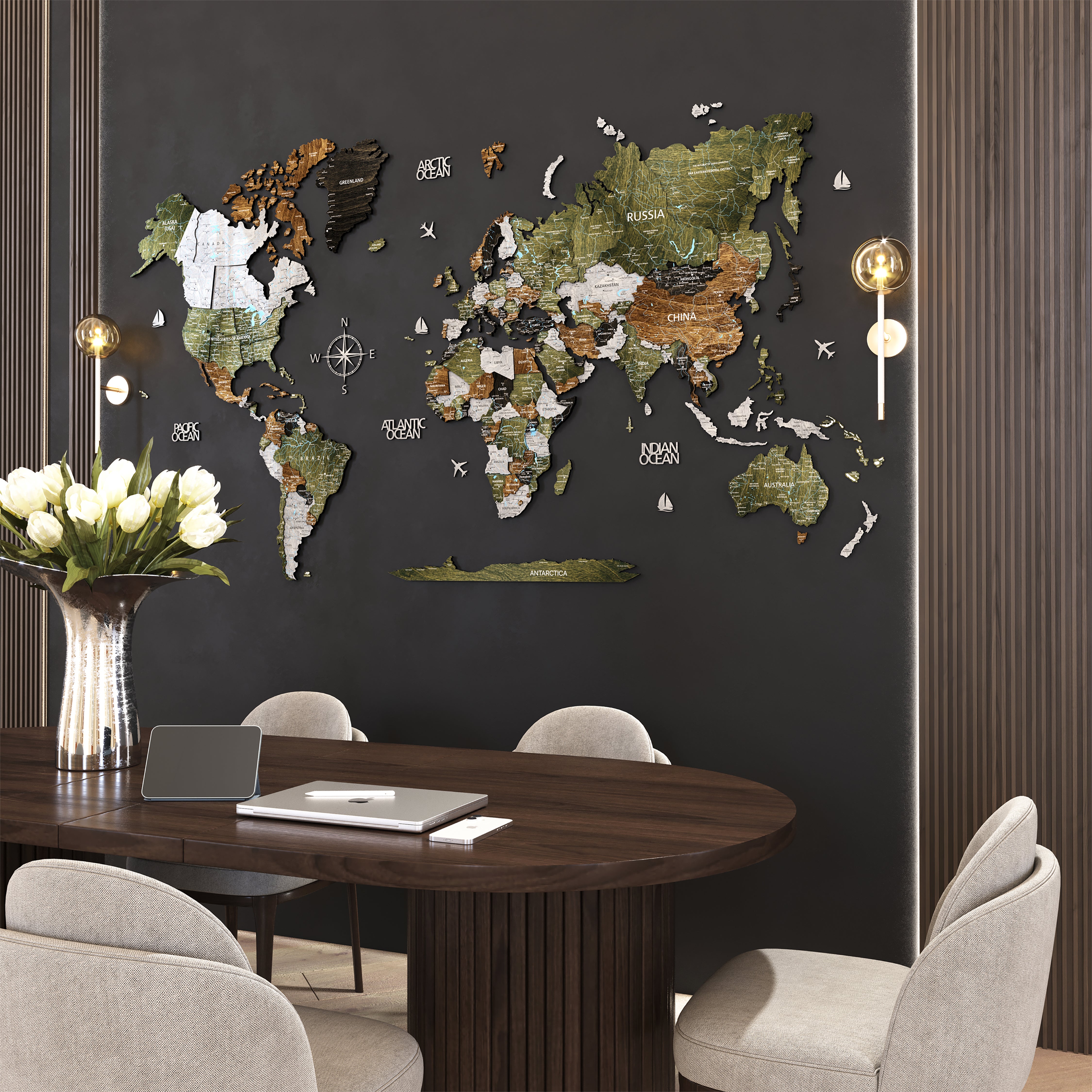 3D Wooden World Map - Woodland