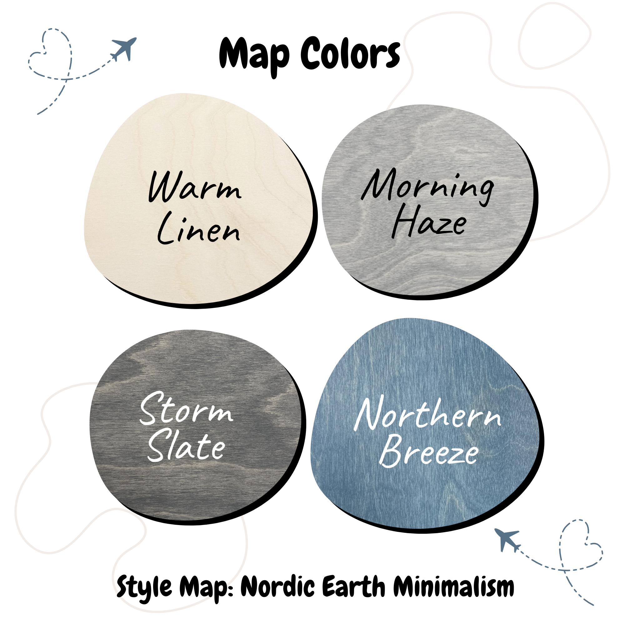Map colors featuring Warm Linen, Morning Haze, Storm Slate, and Northern Breeze for the 3D wooden world map.