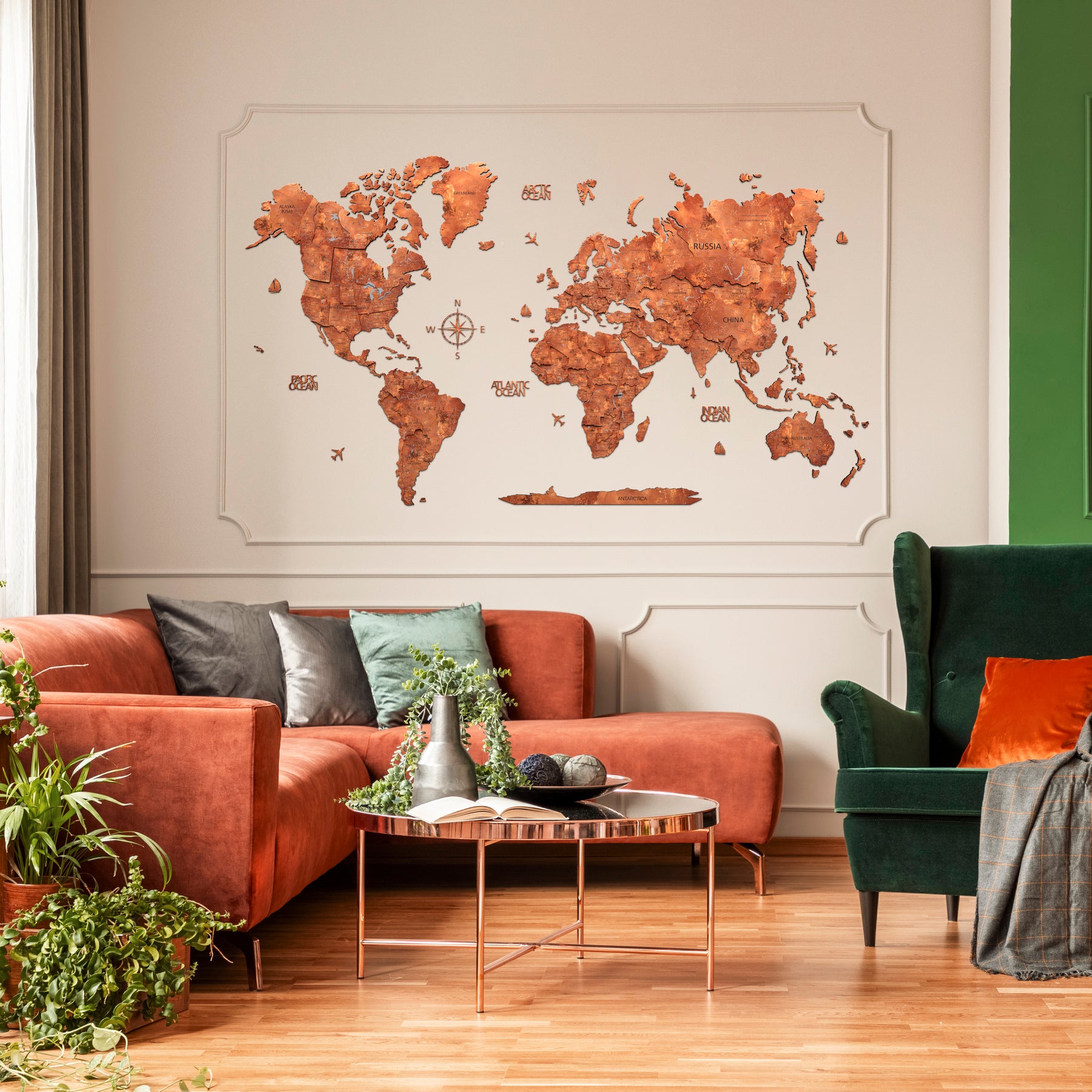 Wood World Map - Elegant Cooper Design
