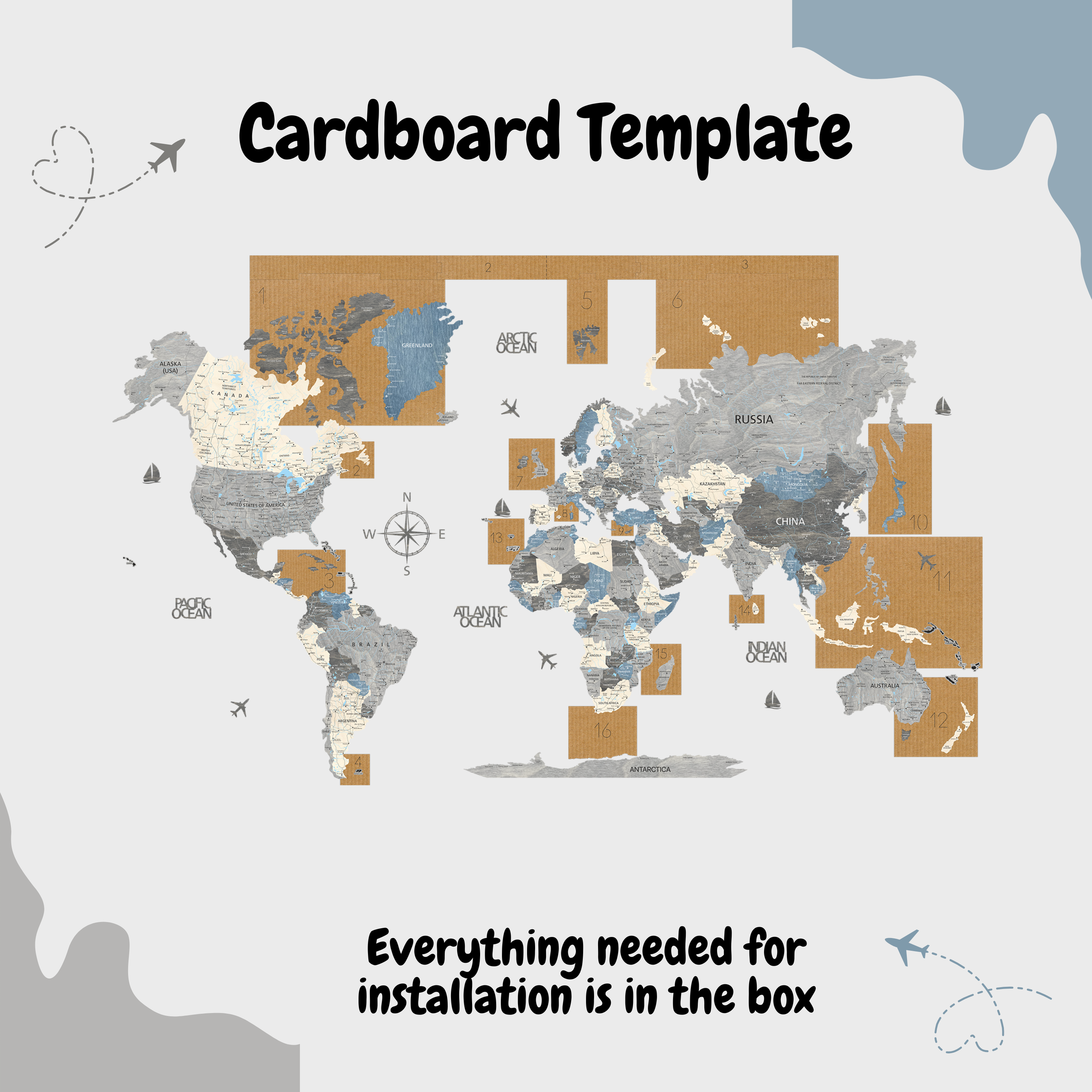 Cardboard template for installation of a 3D wooden world map, showing detailed world map layout with installation instructions.