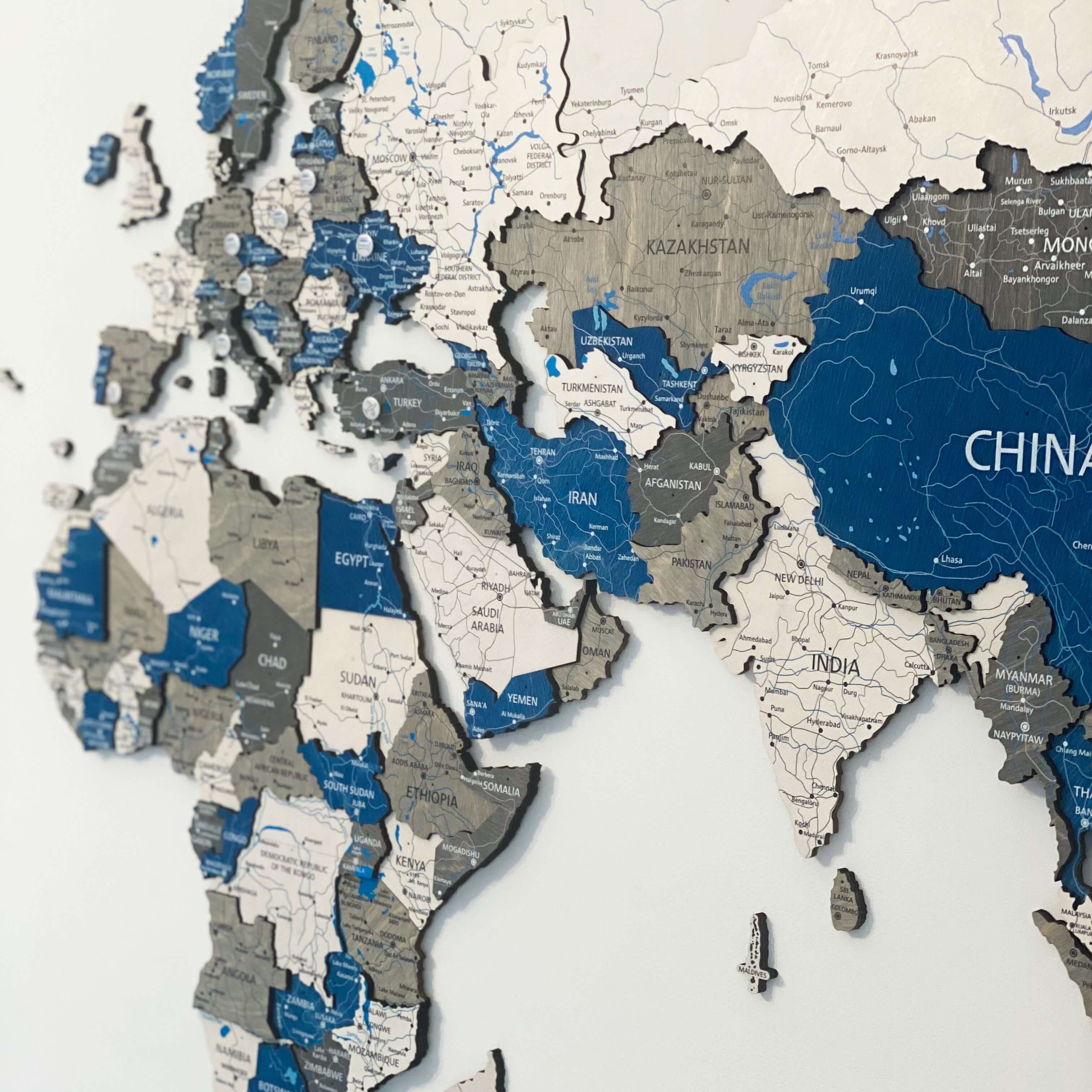 Vintage Aqua Dark Wood World Map | Unique Decor Piece